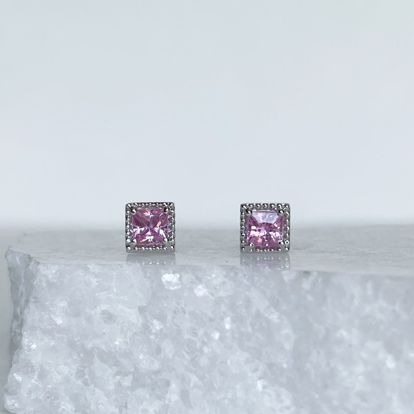 14K Solid Gold Genuine Pink Sapphire Square Studs/Pair