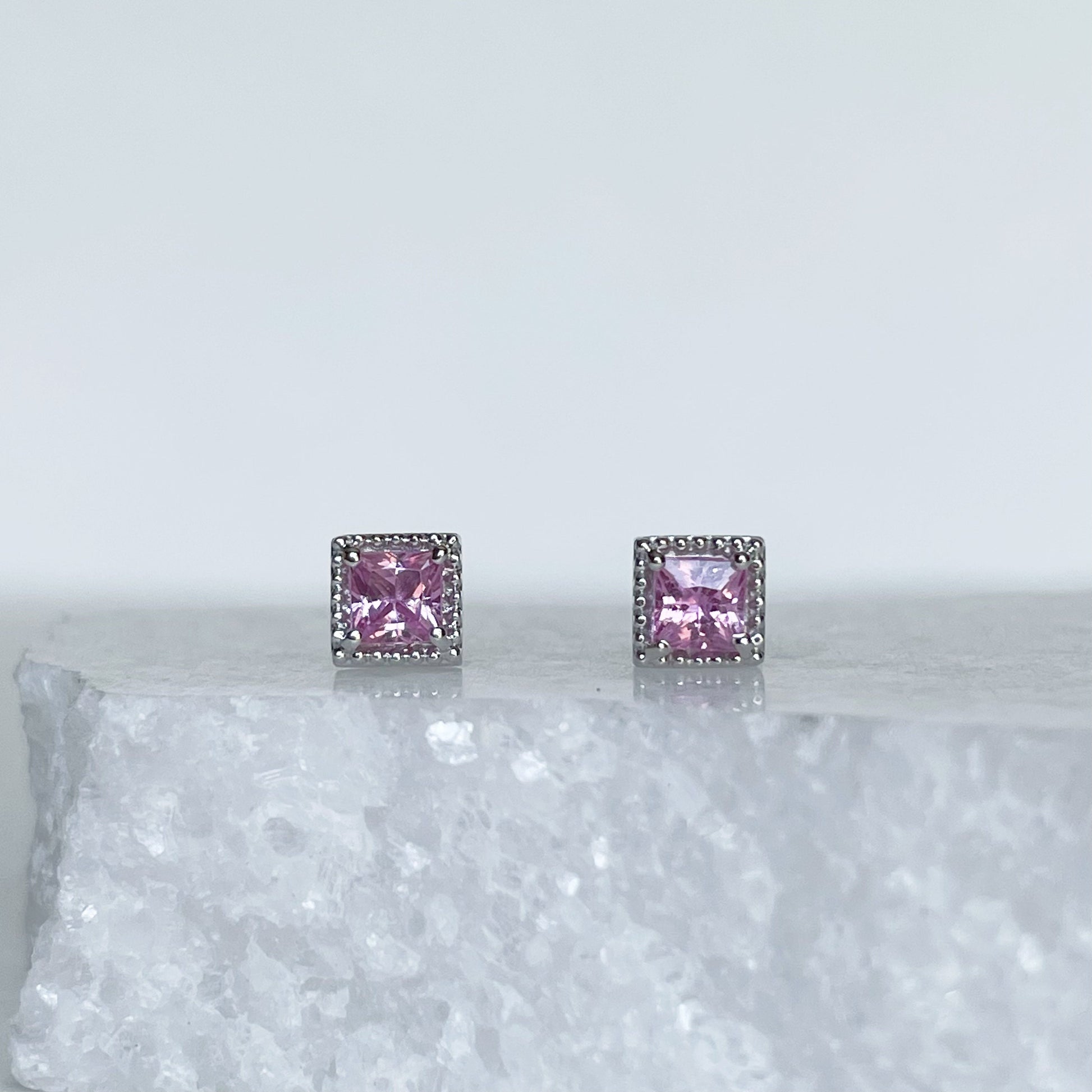 14K Solid Gold Genuine Pink Sapphire Square Studs/Pair