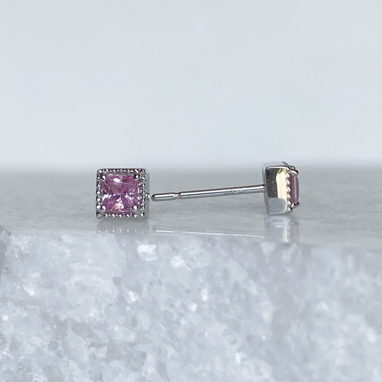 14K Solid Gold Genuine Pink Sapphire Square Studs/Pair