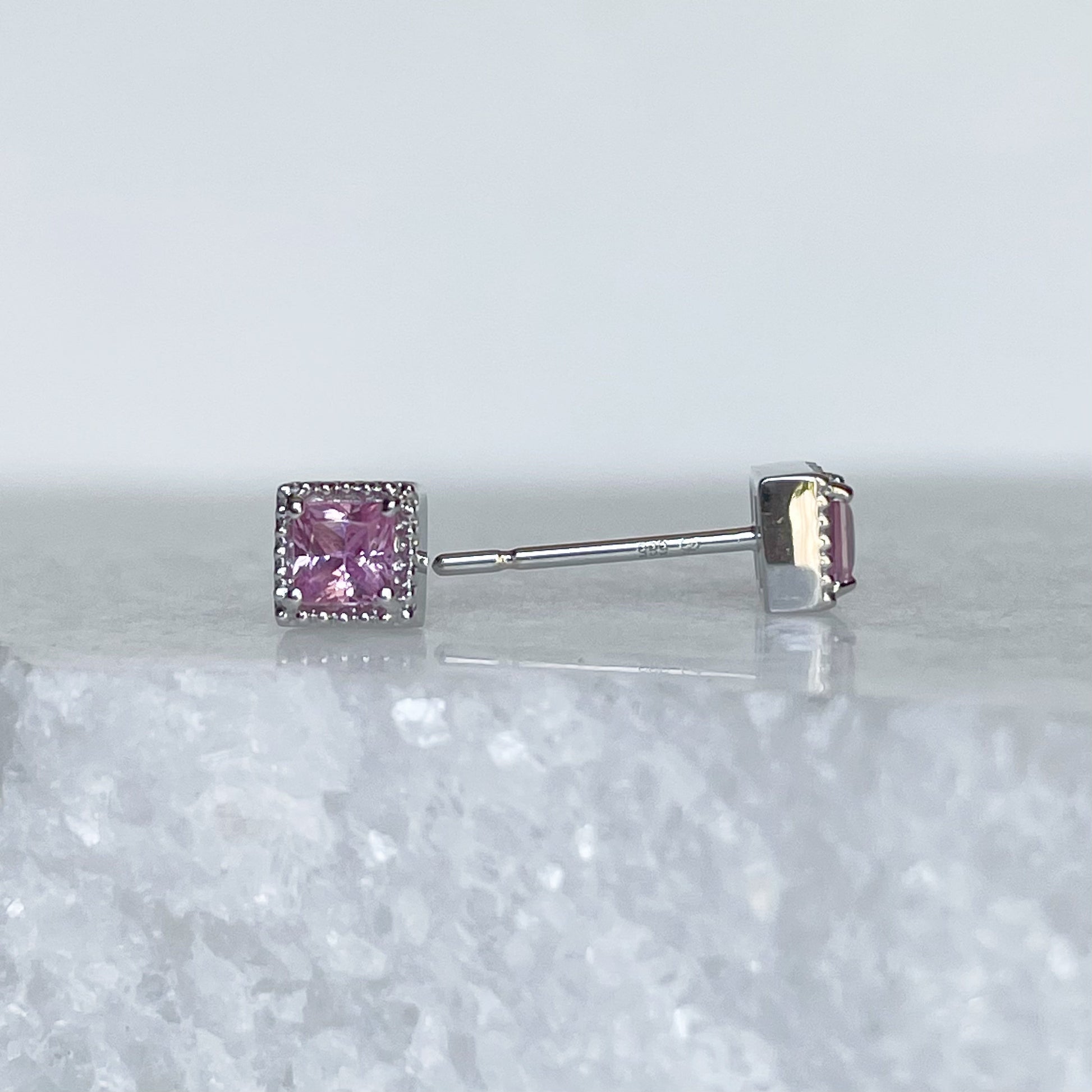 14K Solid Gold Genuine Pink Sapphire Square Studs/Pair