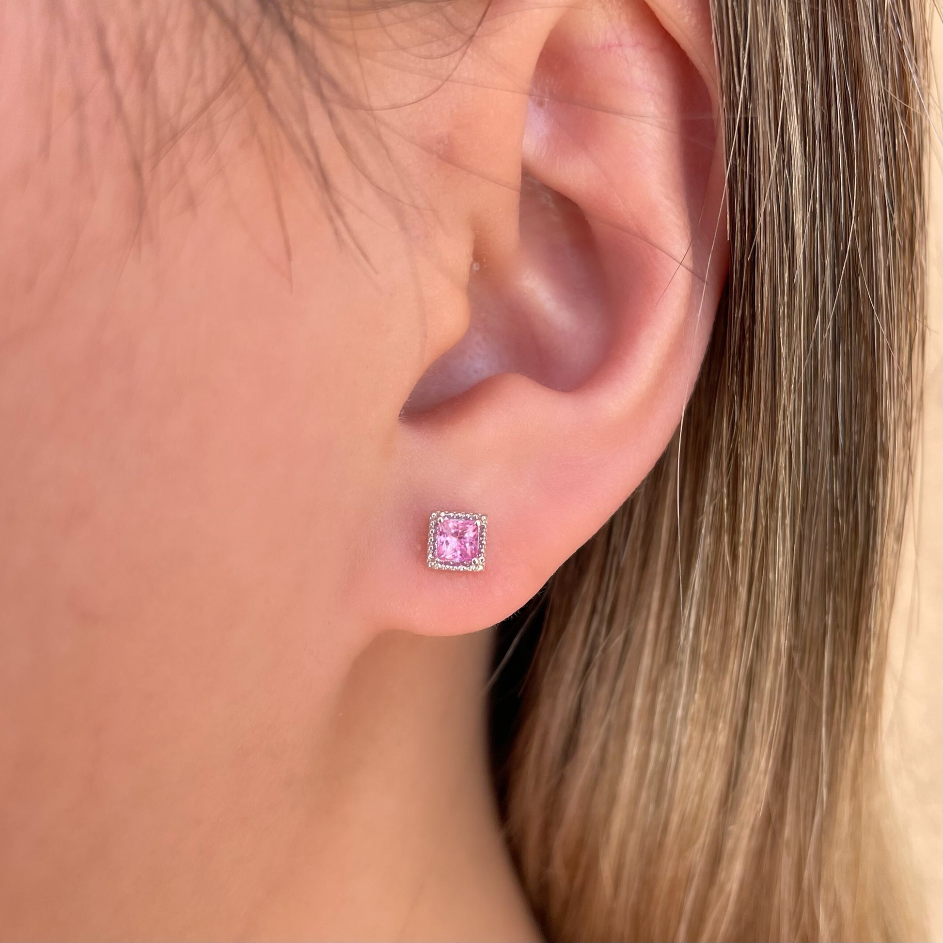 14K Solid Gold Genuine Pink Sapphire Square Studs/Pair