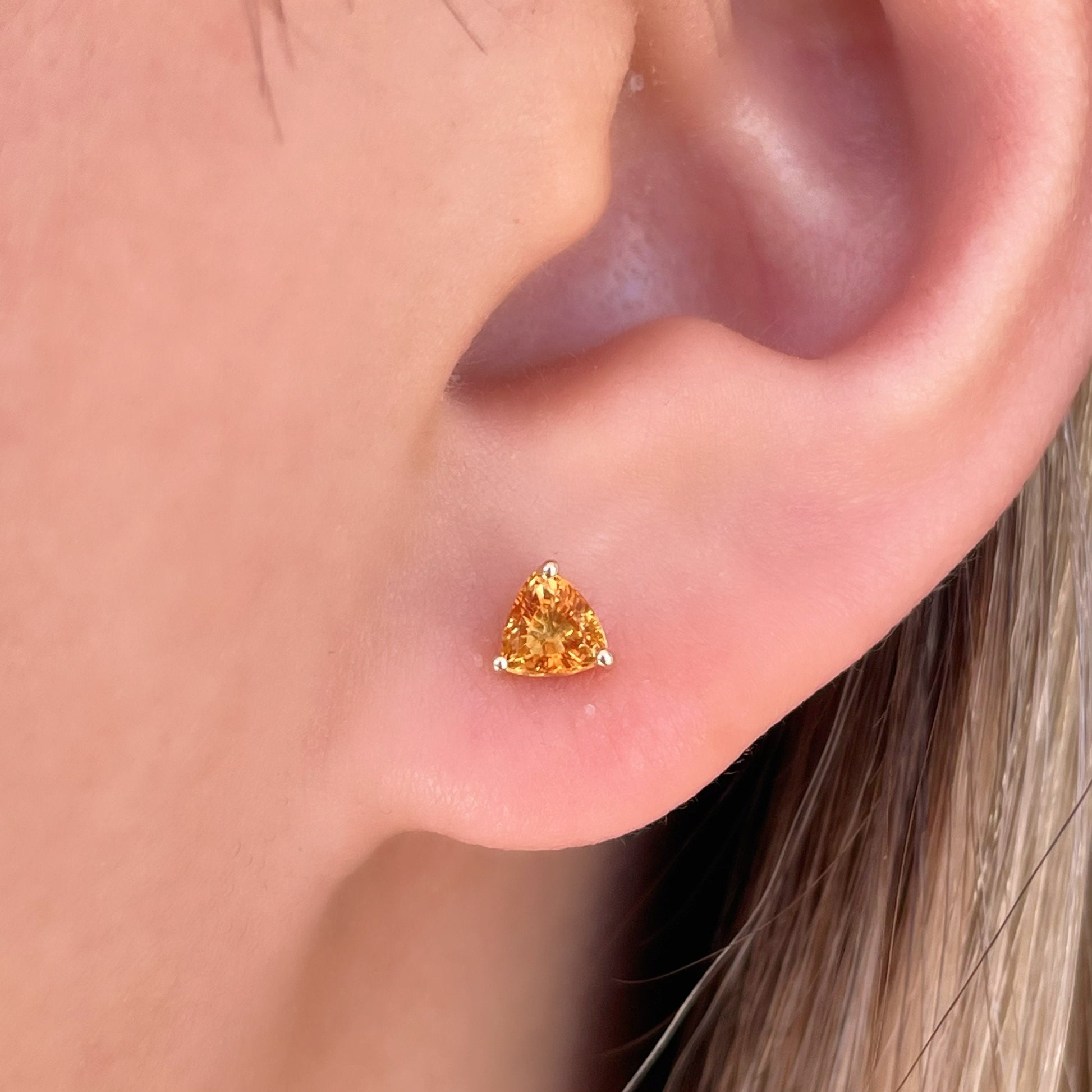 18K Solid White Gold Genuine Orange Sapphire Triangle Studs/Pair