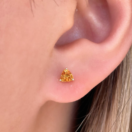 18K Solid White Gold Genuine Orange Sapphire Triangle Studs/Pair