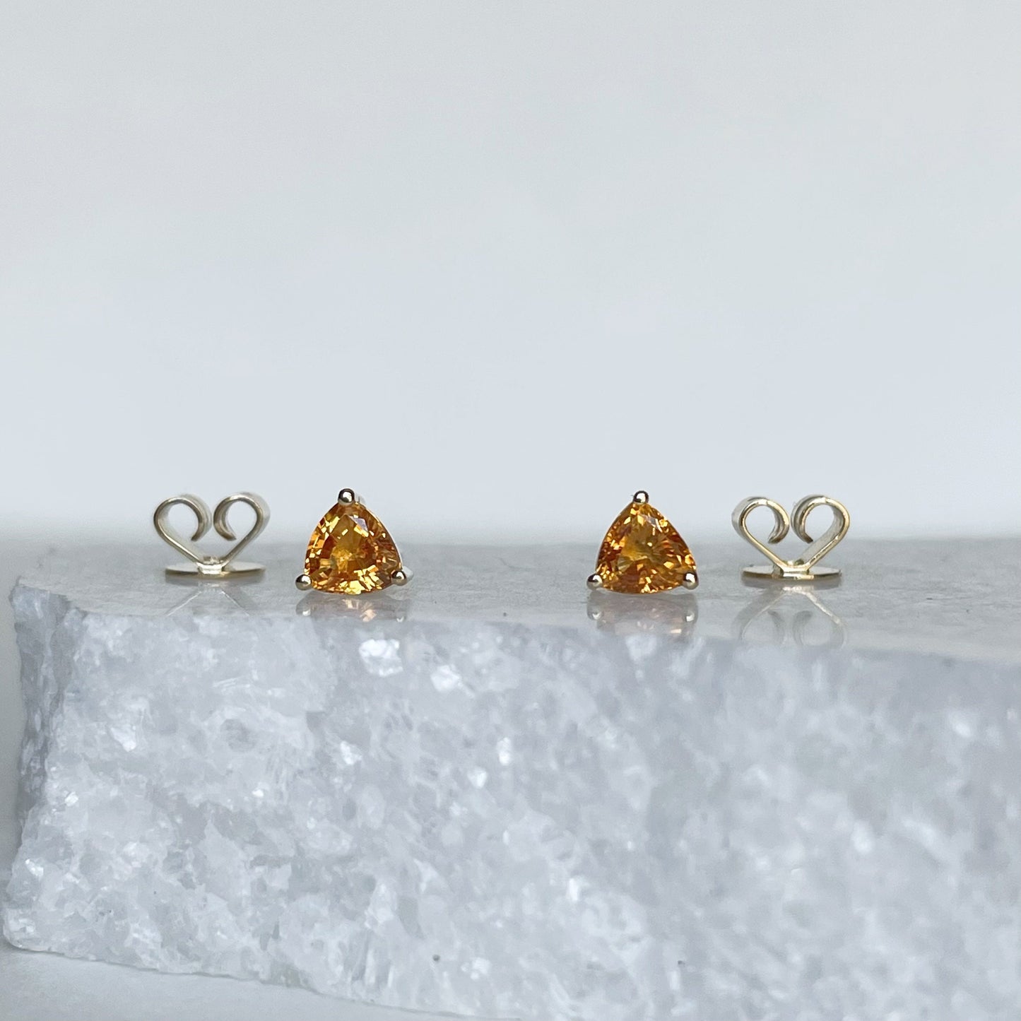 18K Solid White Gold Genuine Orange Sapphire Triangle Studs/Pair