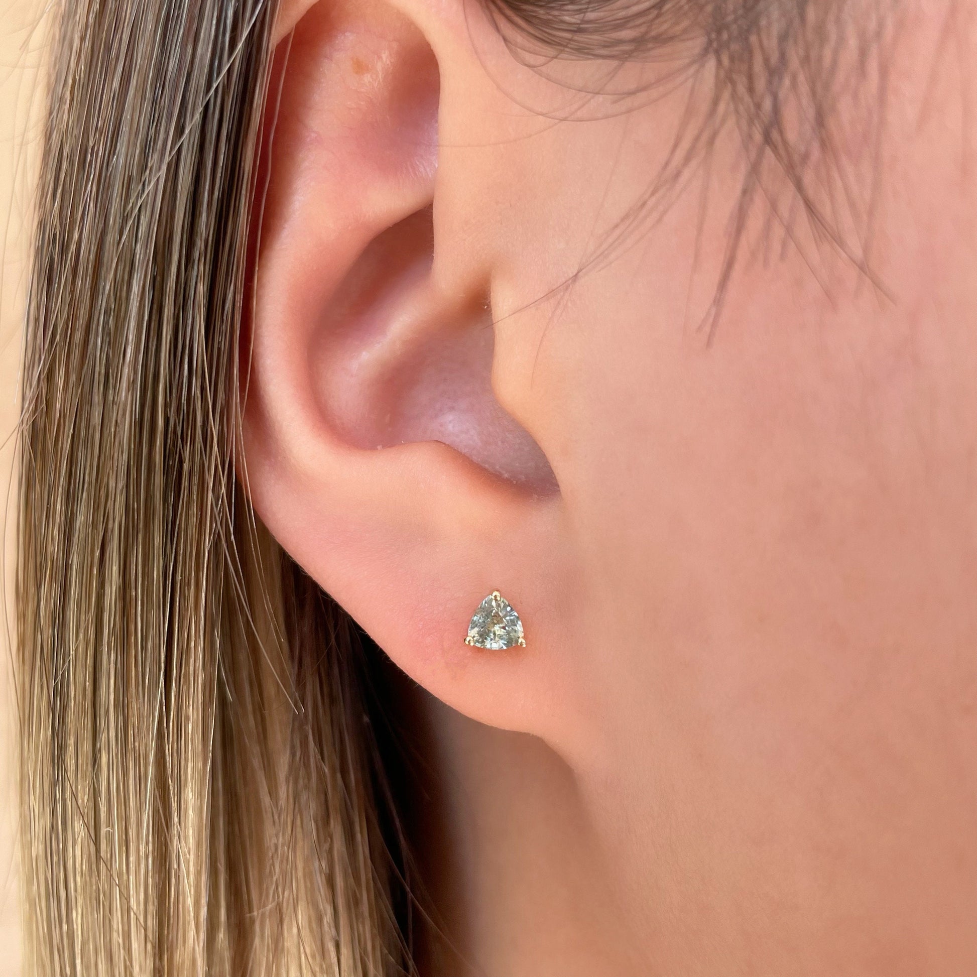 14K Solid Gold Genuine Green Sapphire Triangle Studs/Pair