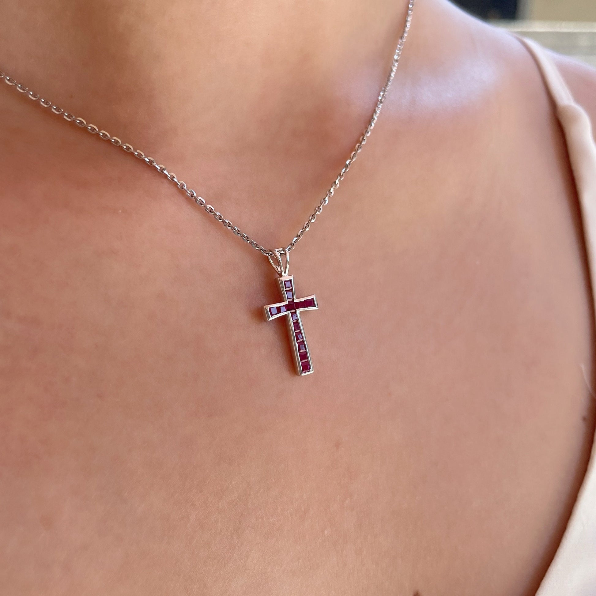 14K Solid Gold Genuine Ruby Cross Pendant