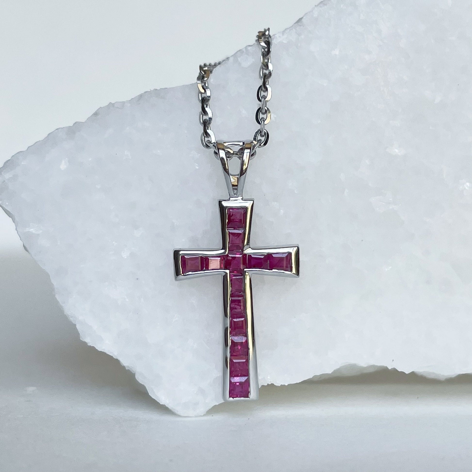 14K Solid Gold Genuine Ruby Cross Pendant