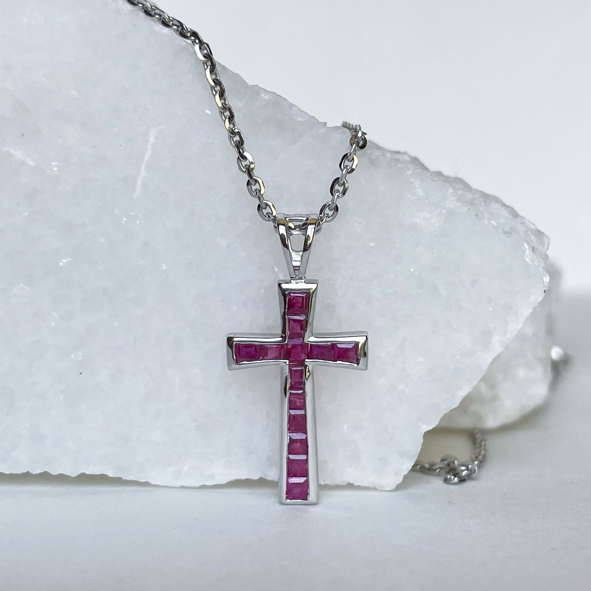 14K Solid Gold Genuine Ruby Cross Pendant