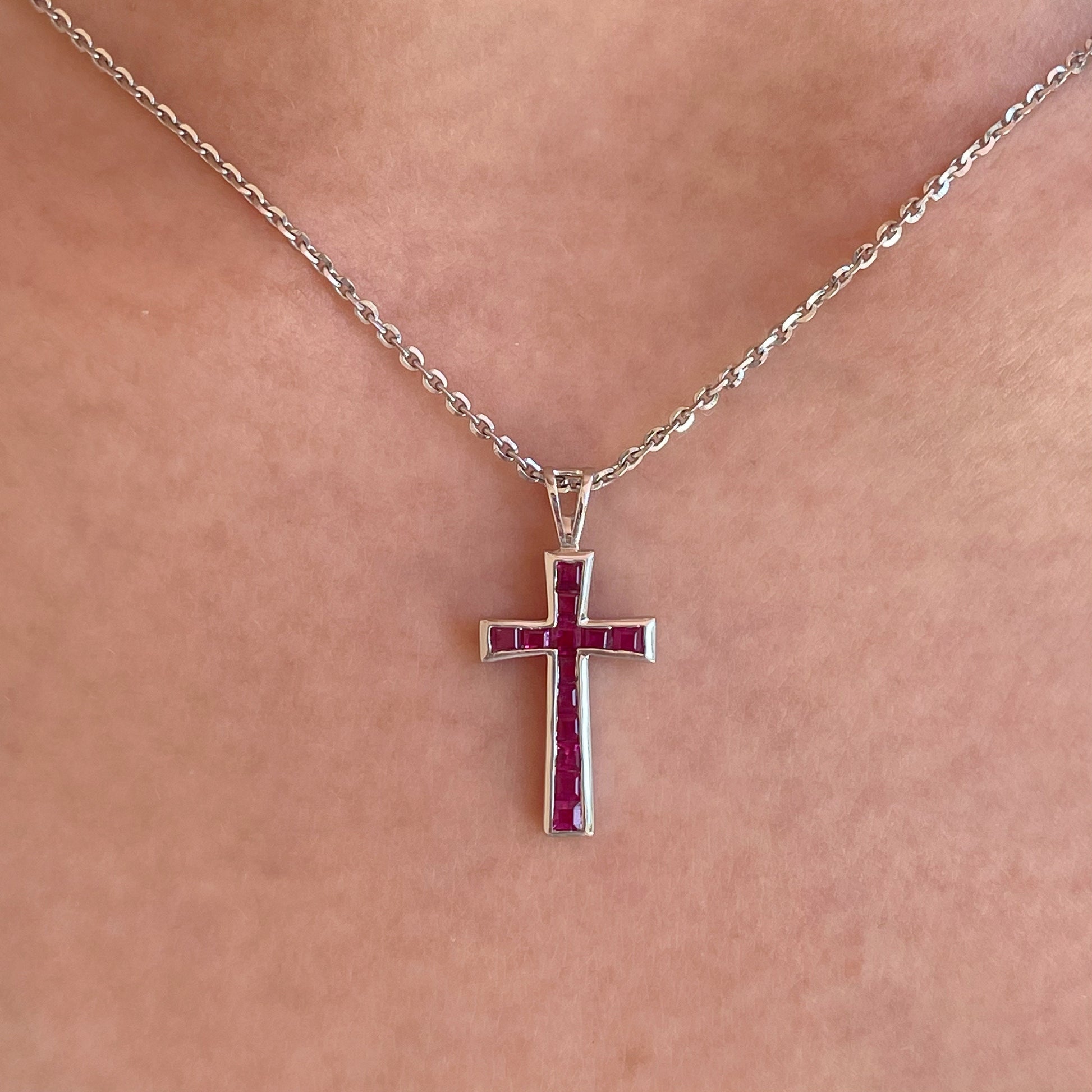 14K Solid Gold Genuine Ruby Cross Pendant