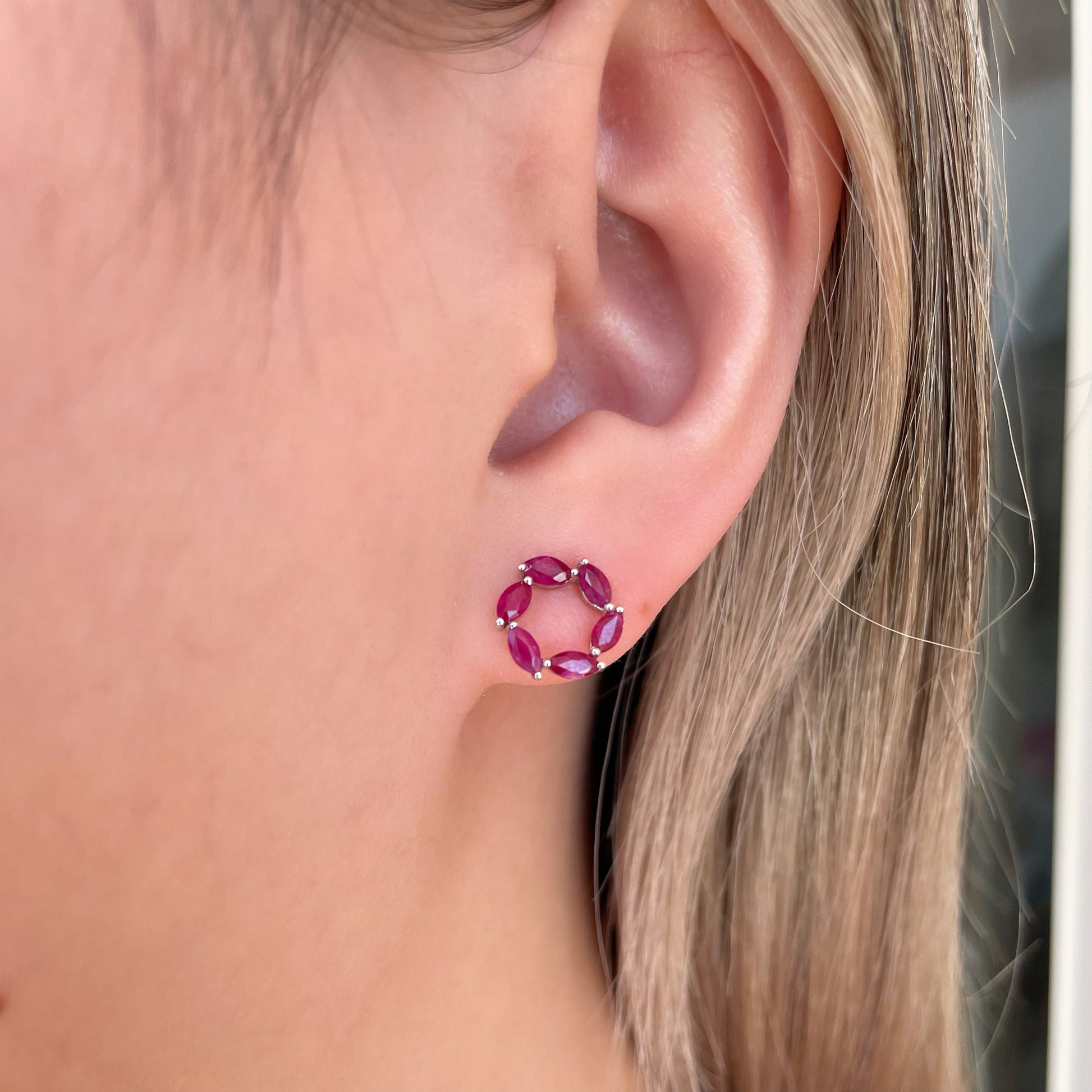 14K Solid Gold Genuine Ruby Circle Earrings/Pair