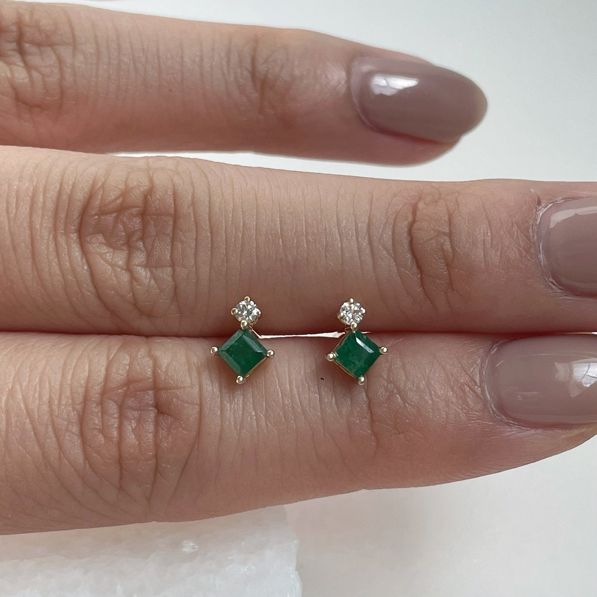 14K Solid Gold Genuine Diamond and Emerald Stacked Studs/Pair