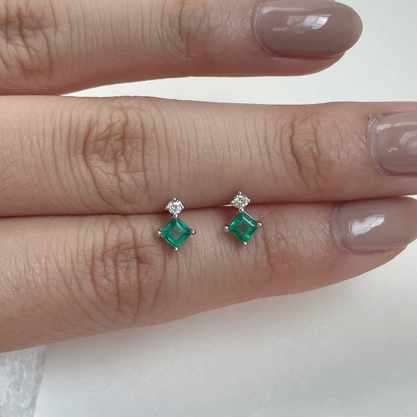 14K Solid Gold Genuine Diamond and Emerald Stacked Studs/Pair