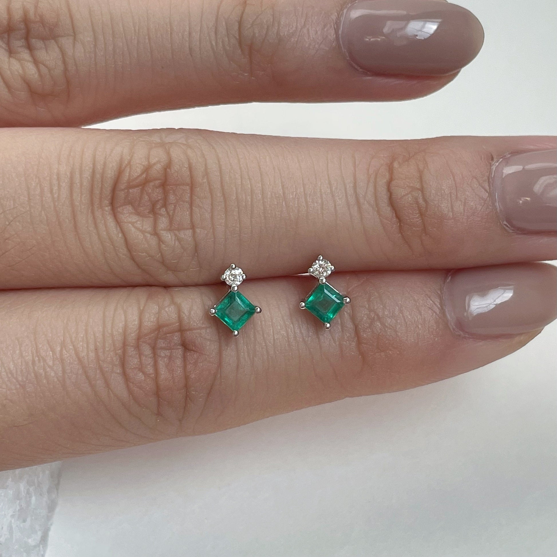 14K Solid Gold Genuine Diamond and Emerald Stacked Studs/Pair