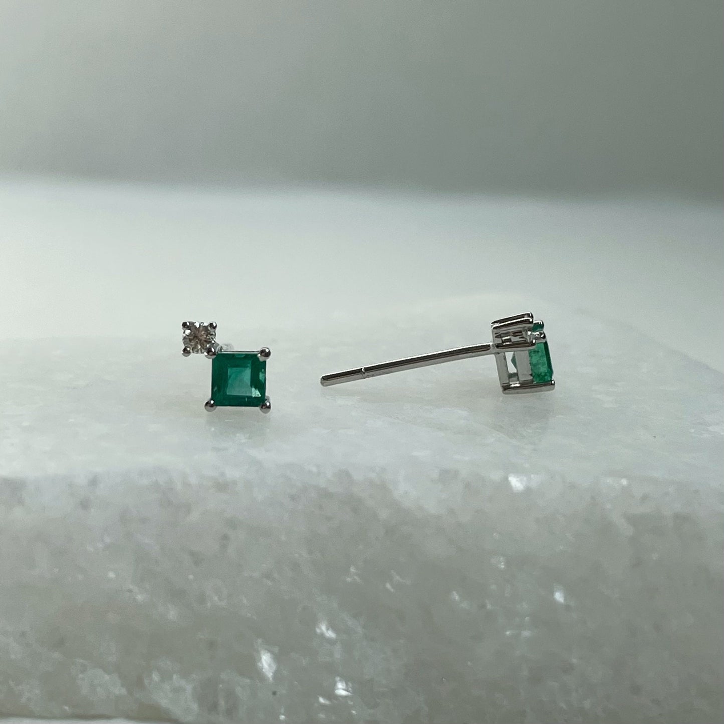 14K Solid Gold Genuine Diamond and Emerald Stacked Studs/Pair