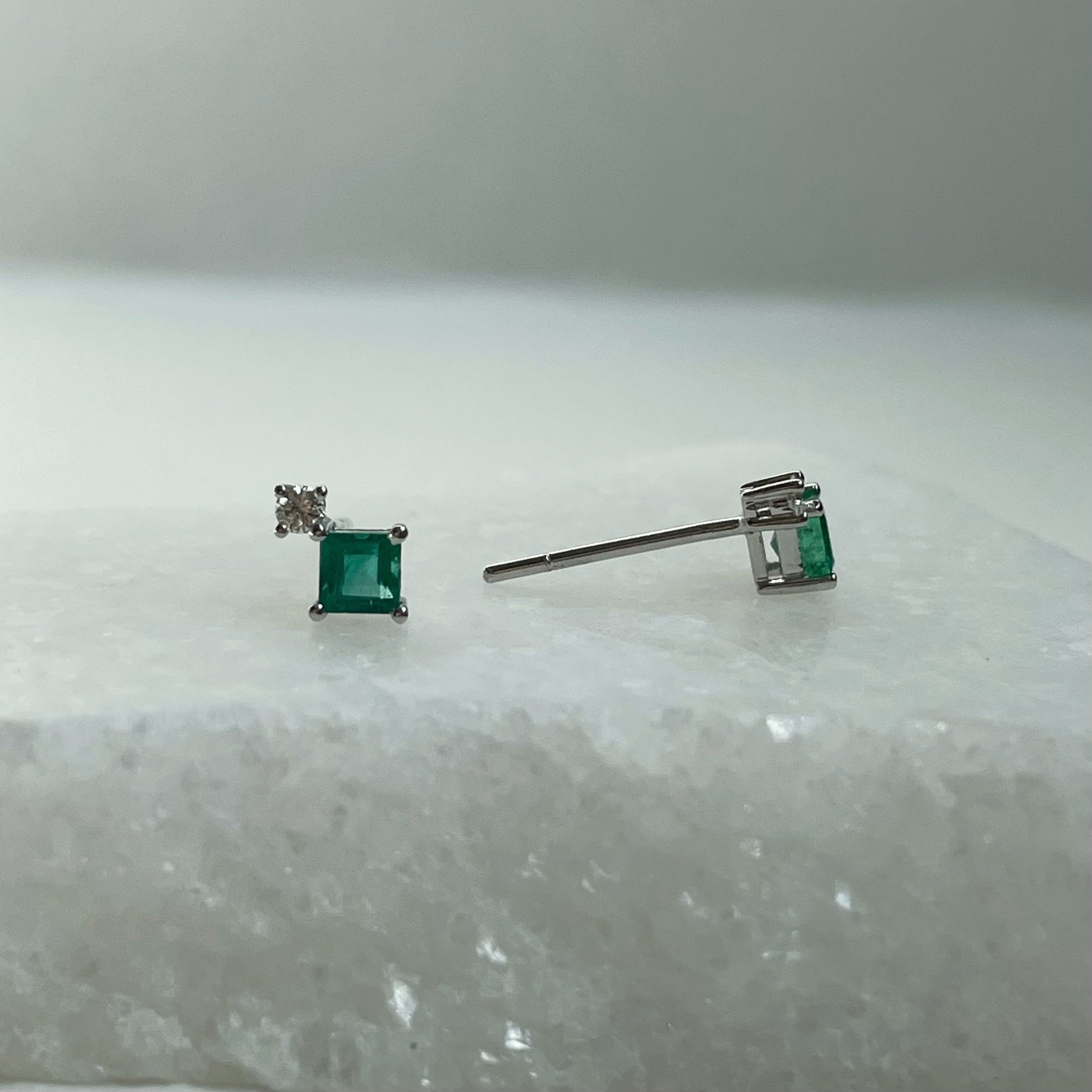 14K Solid Gold Genuine Diamond and Emerald Stacked Studs/Pair