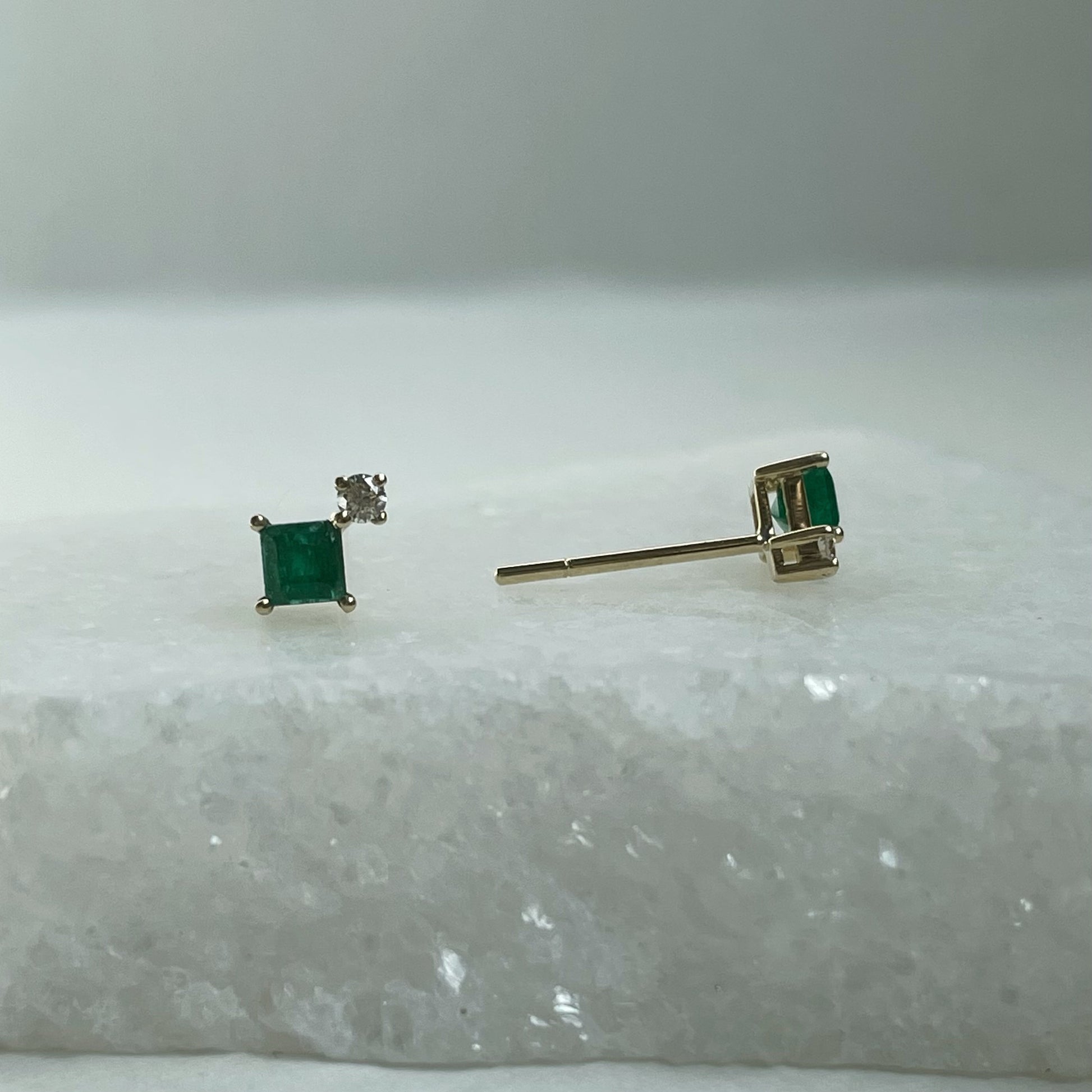 14K Solid Gold Genuine Diamond and Emerald Stacked Studs/Pair