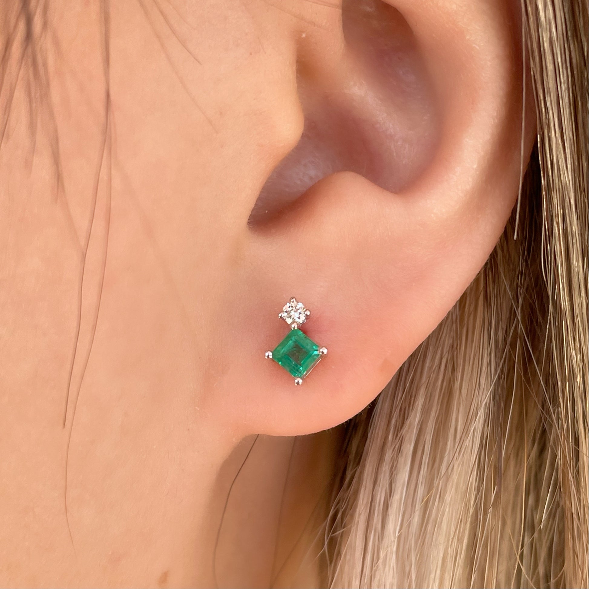 14K Solid Gold Genuine Diamond and Emerald Stacked Studs/Pair