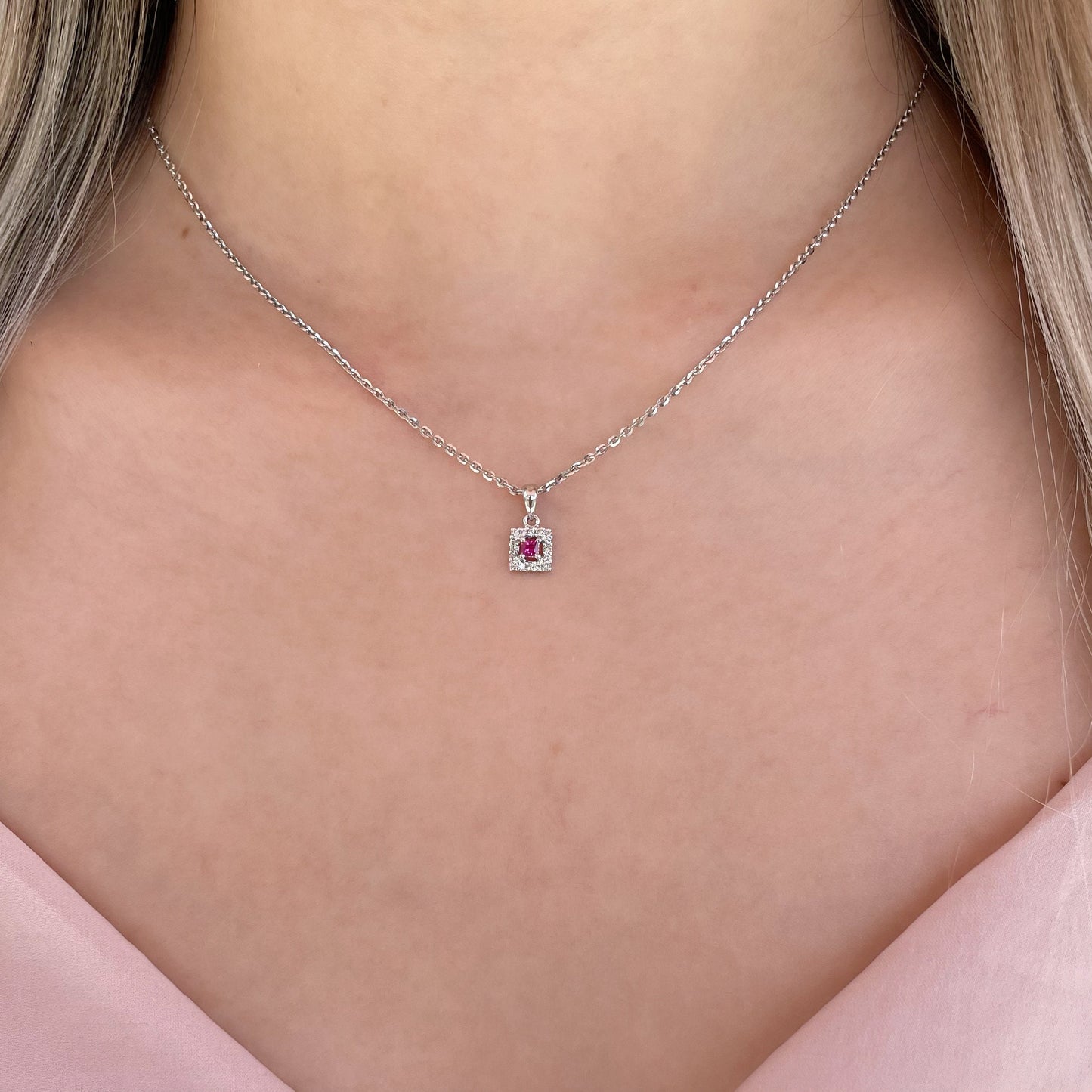 14K Solid Gold Genuine Ruby and Diamond Square Pendant