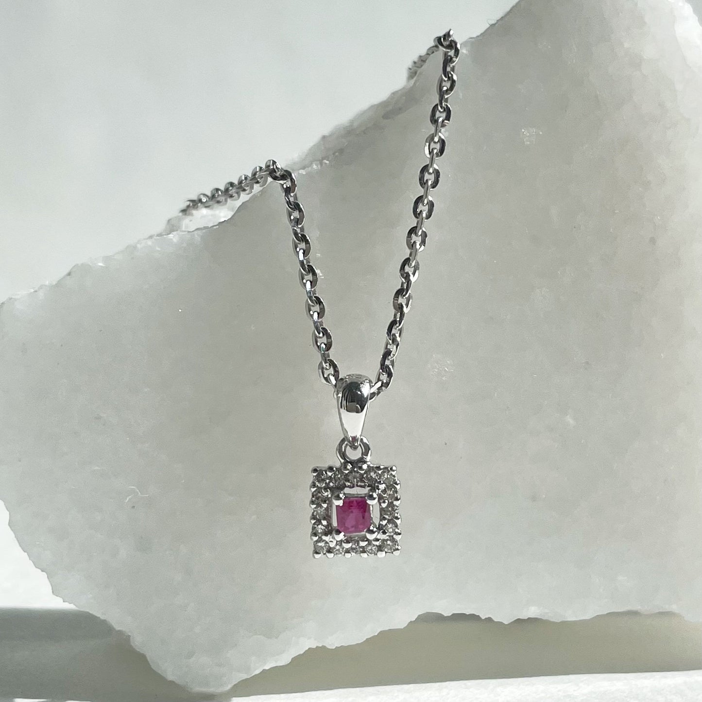 14K Solid Gold Genuine Ruby and Diamond Square Pendant