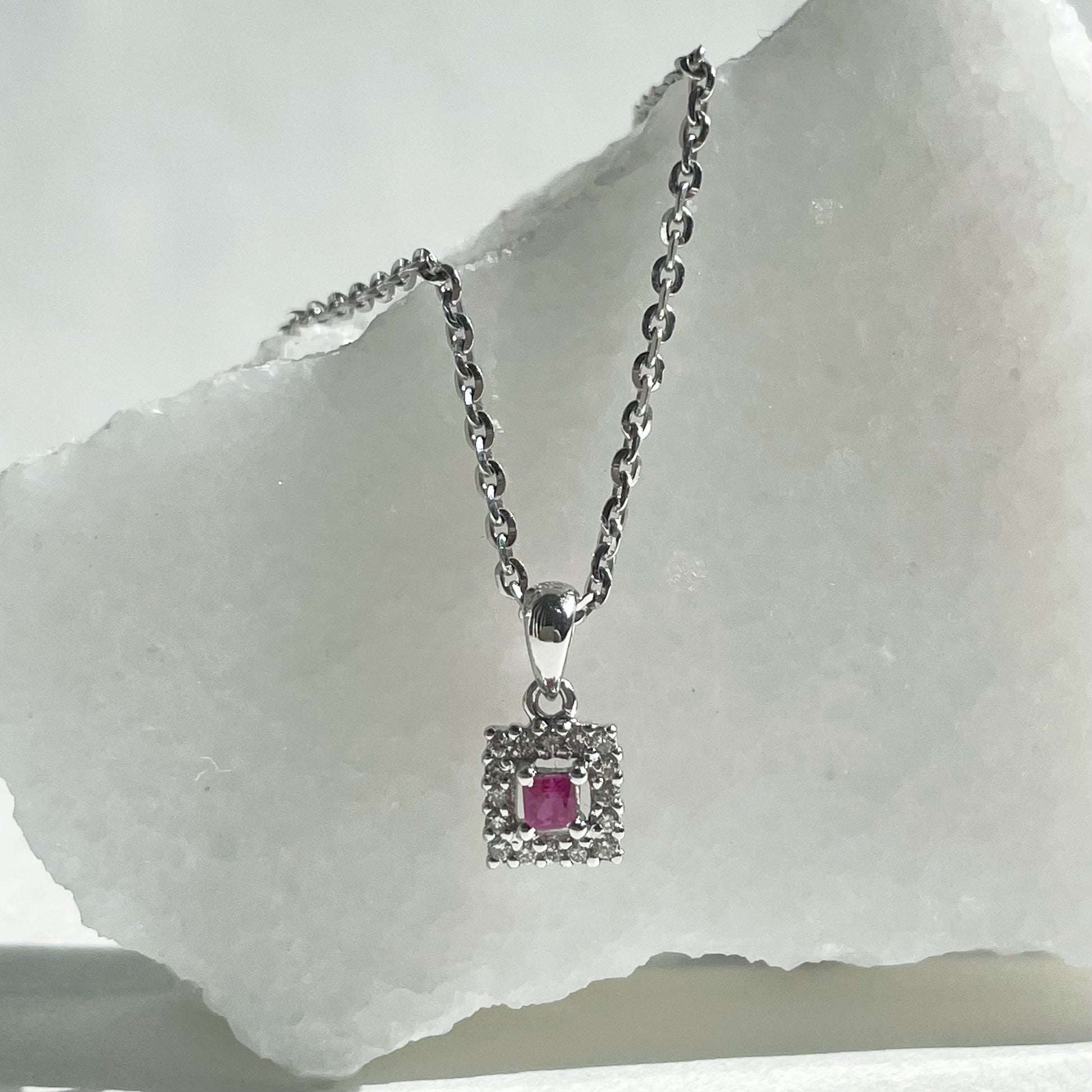 14K Solid Gold Genuine Ruby and Diamond Square Pendant