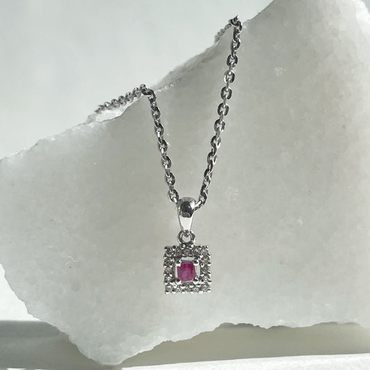 14K Solid Gold Genuine Ruby and Diamond Square Pendant