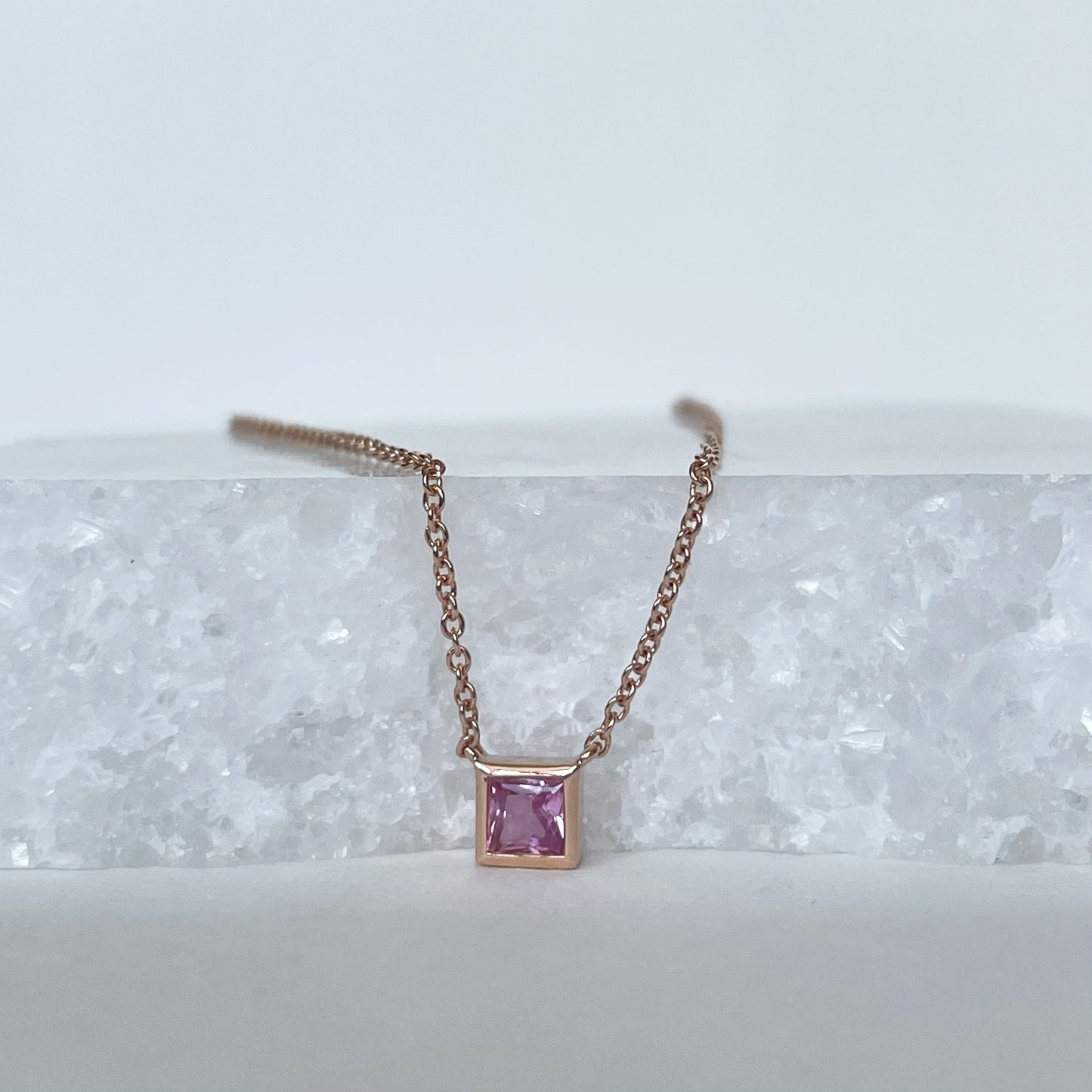 14K Solid Gold Genuine Pink Sapphire Square Necklace