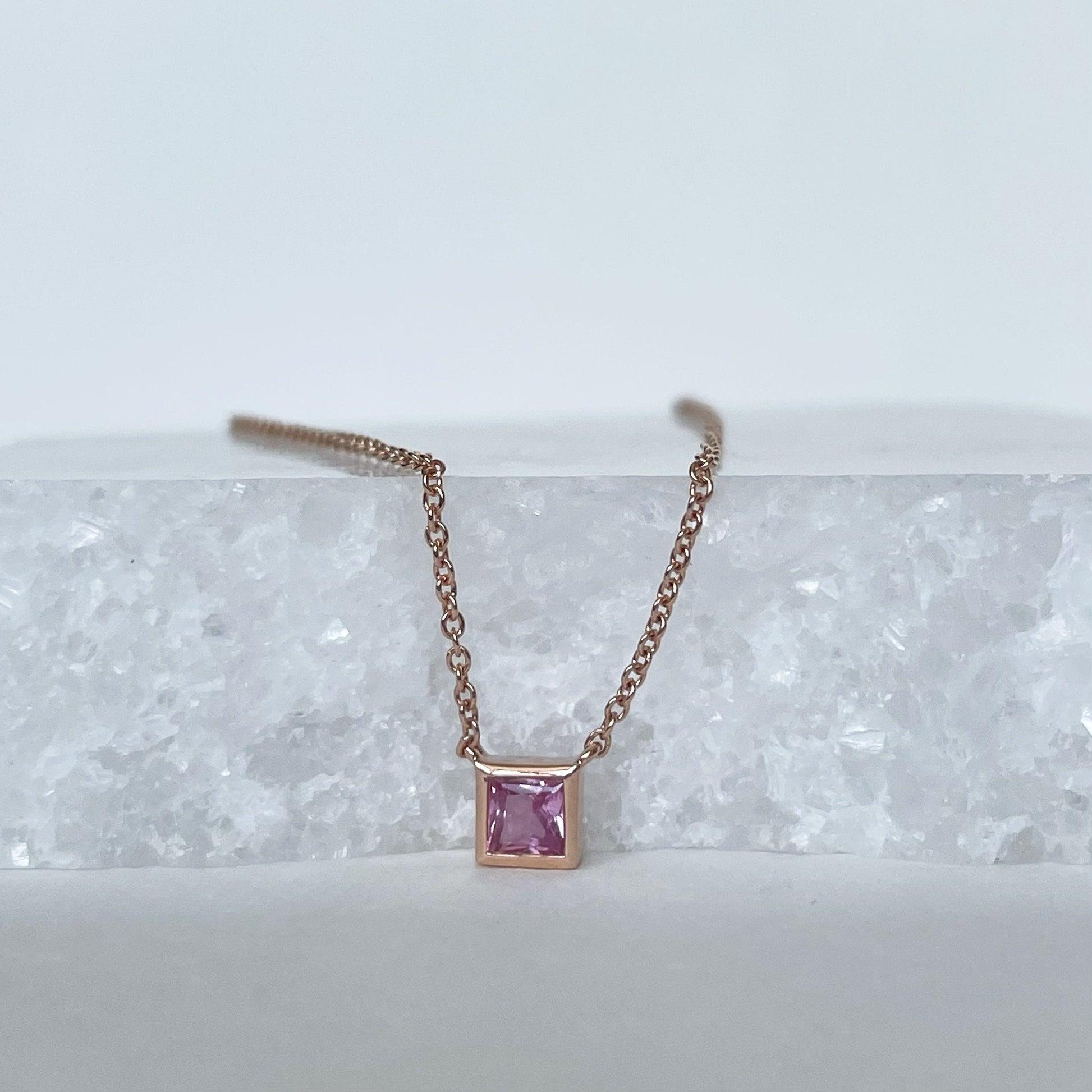 14K Solid Gold Genuine Pink Sapphire Square Necklace