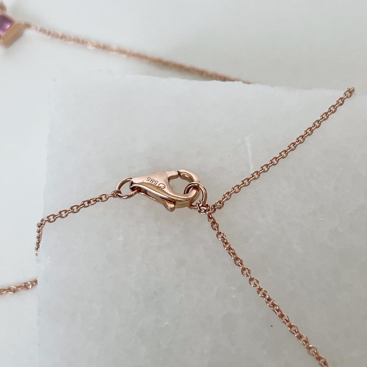 14K Solid Gold Genuine Pink Sapphire Square Necklace