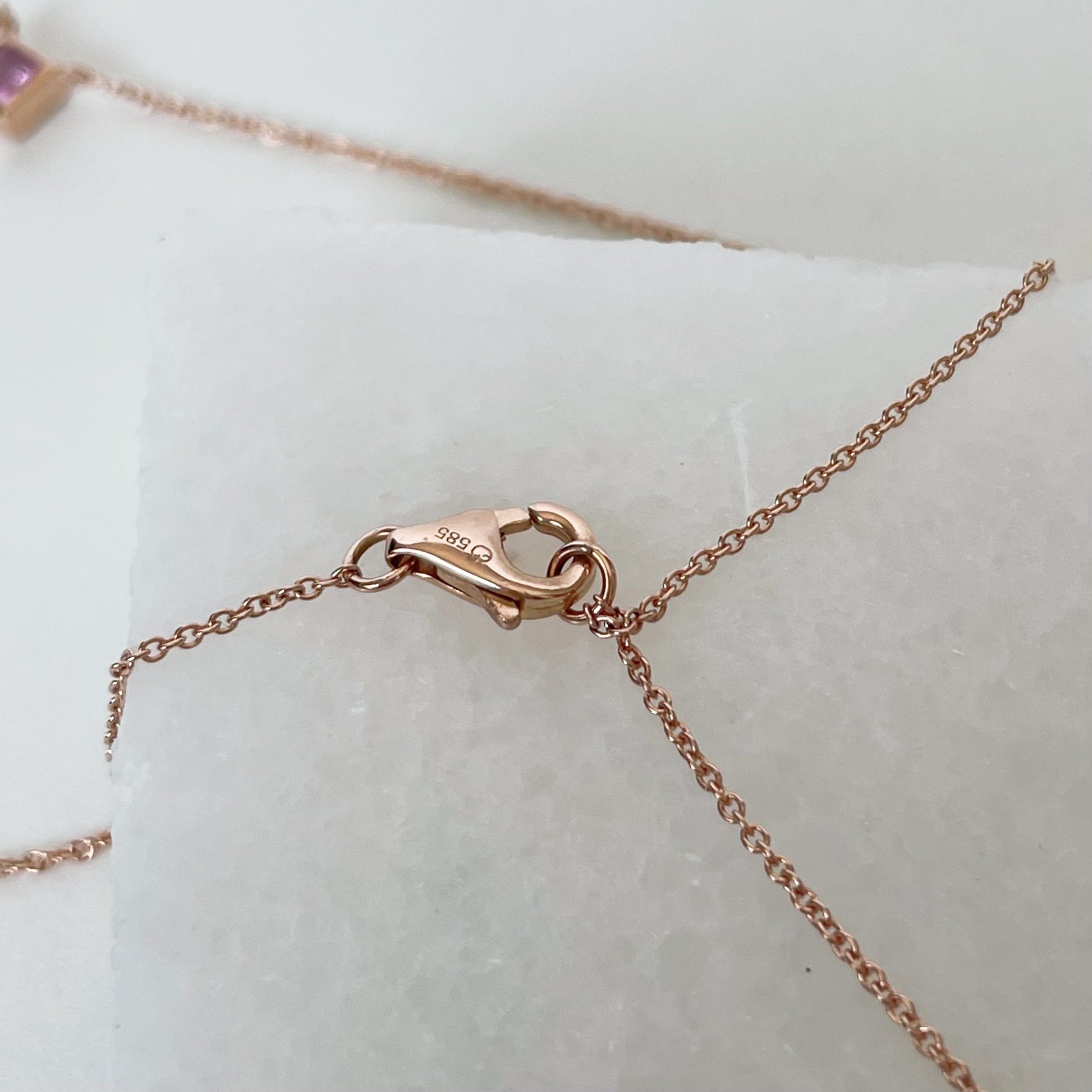 14K Solid Gold Genuine Pink Sapphire Square Necklace