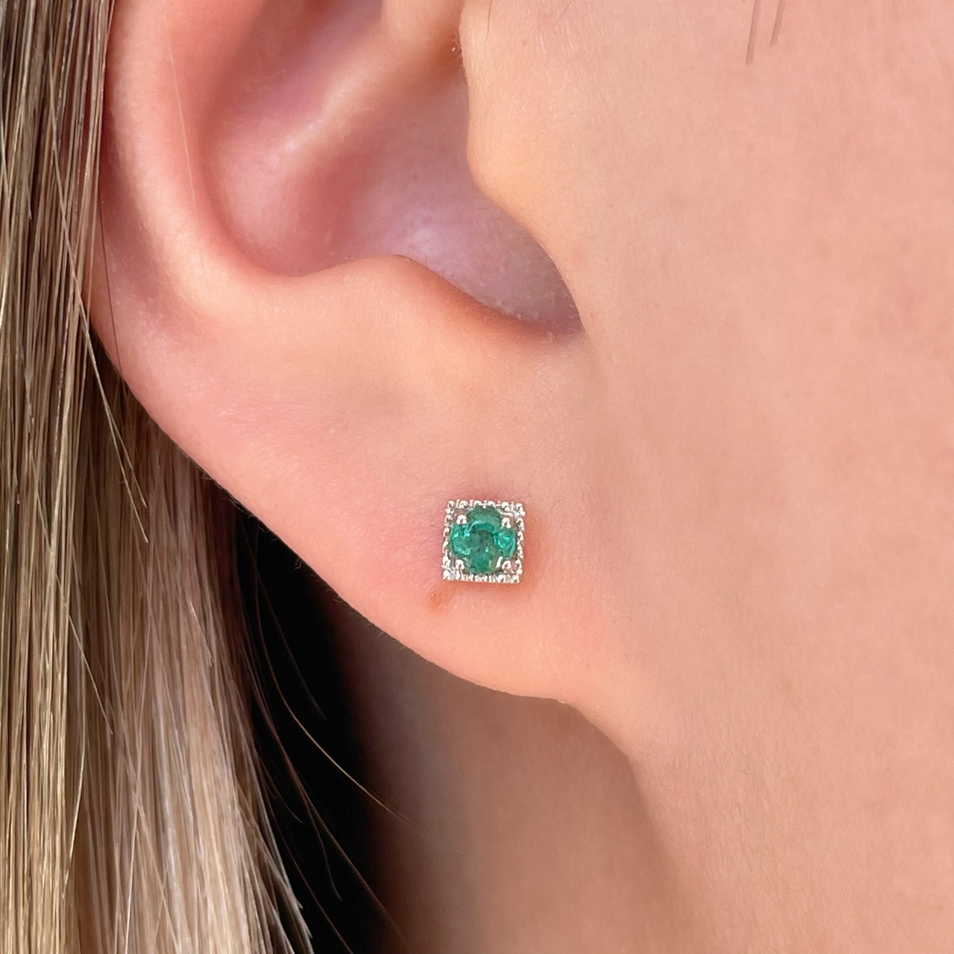 14K Solid Gold Genuine Emerald Square Studs/Pair