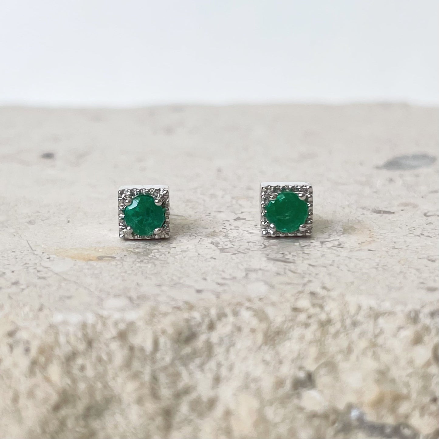 14K Solid Gold Genuine Emerald Square Studs/Pair