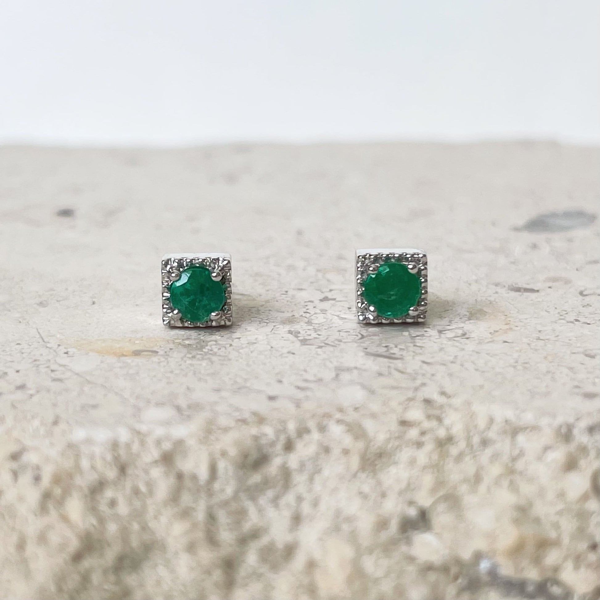 14K Solid Gold Genuine Emerald Square Studs/Pair