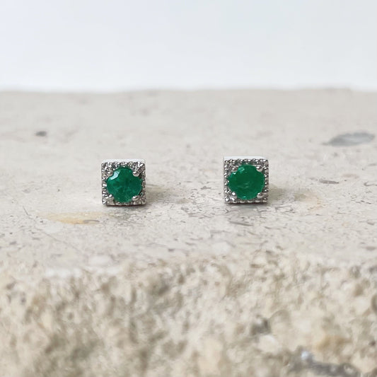 14K Solid Gold Genuine Emerald Square Studs/Pair