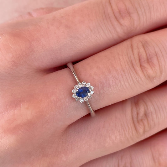 14K White Gold Natural Sapphire and Diamond Halo Ring