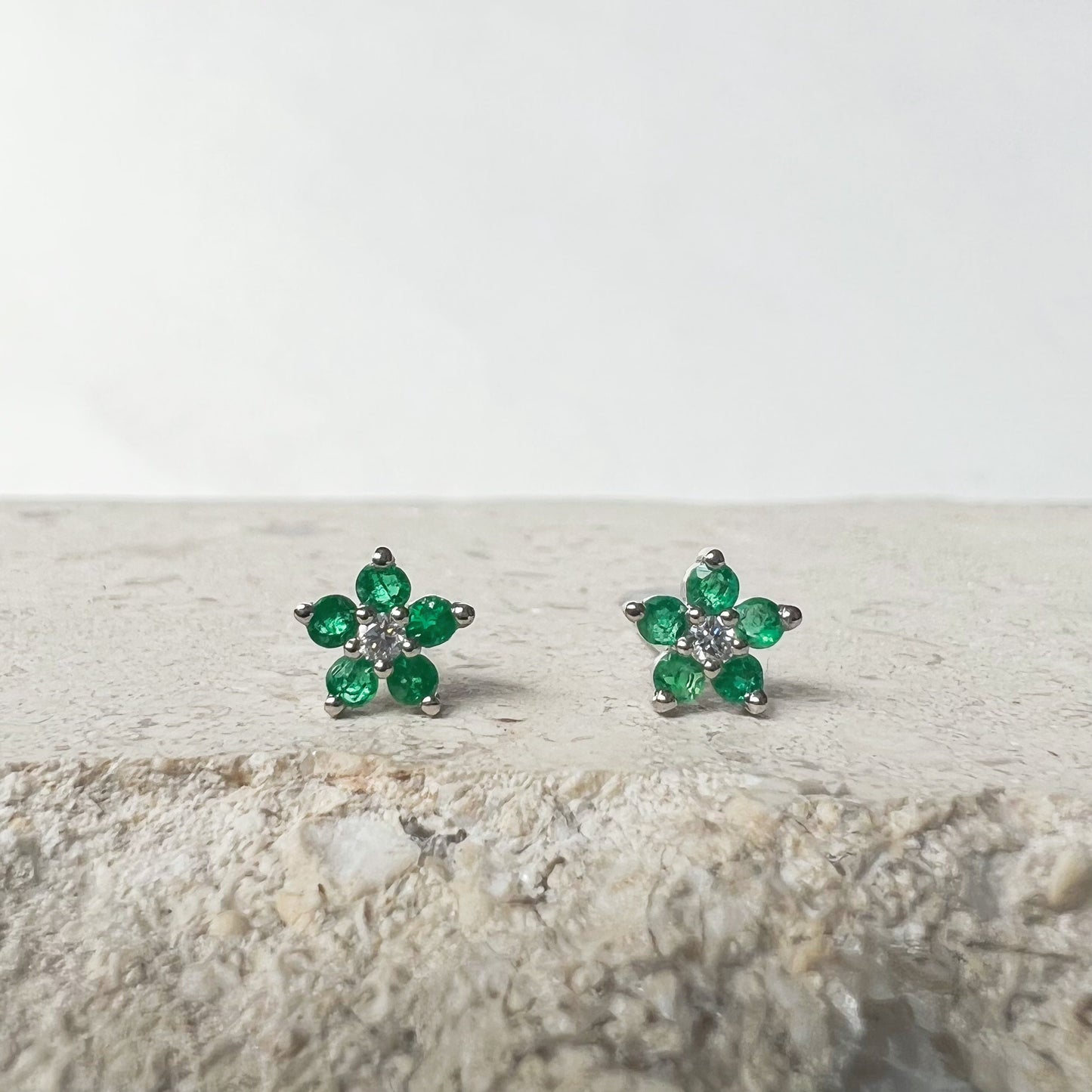 14K Solid Gold Genuine Emerald and Diamond Flower Studs