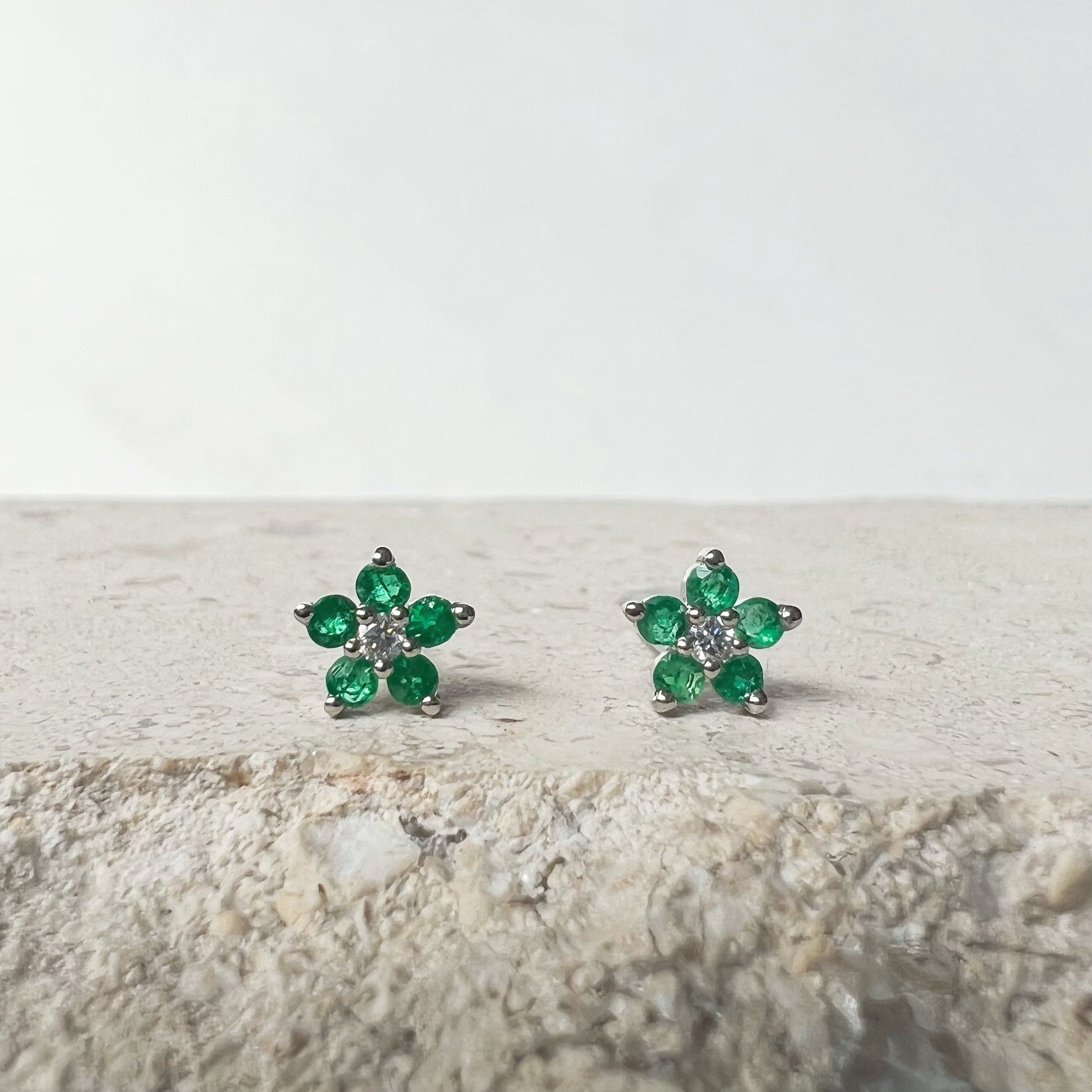 14K Solid Gold Genuine Emerald and Diamond Flower Studs