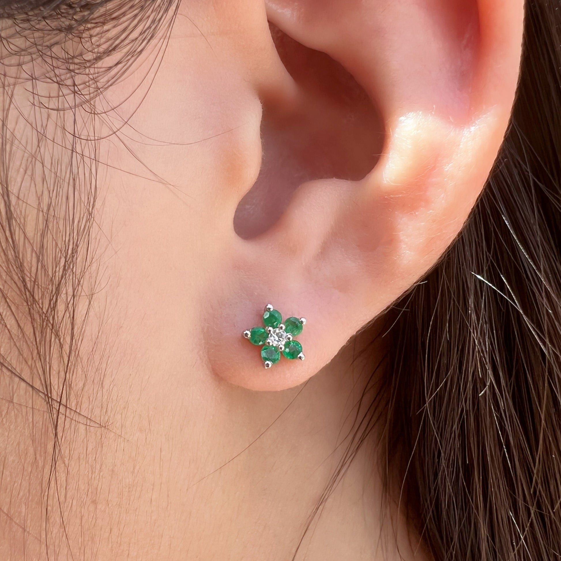 14K Solid Gold Genuine Emerald and Diamond Flower Studs