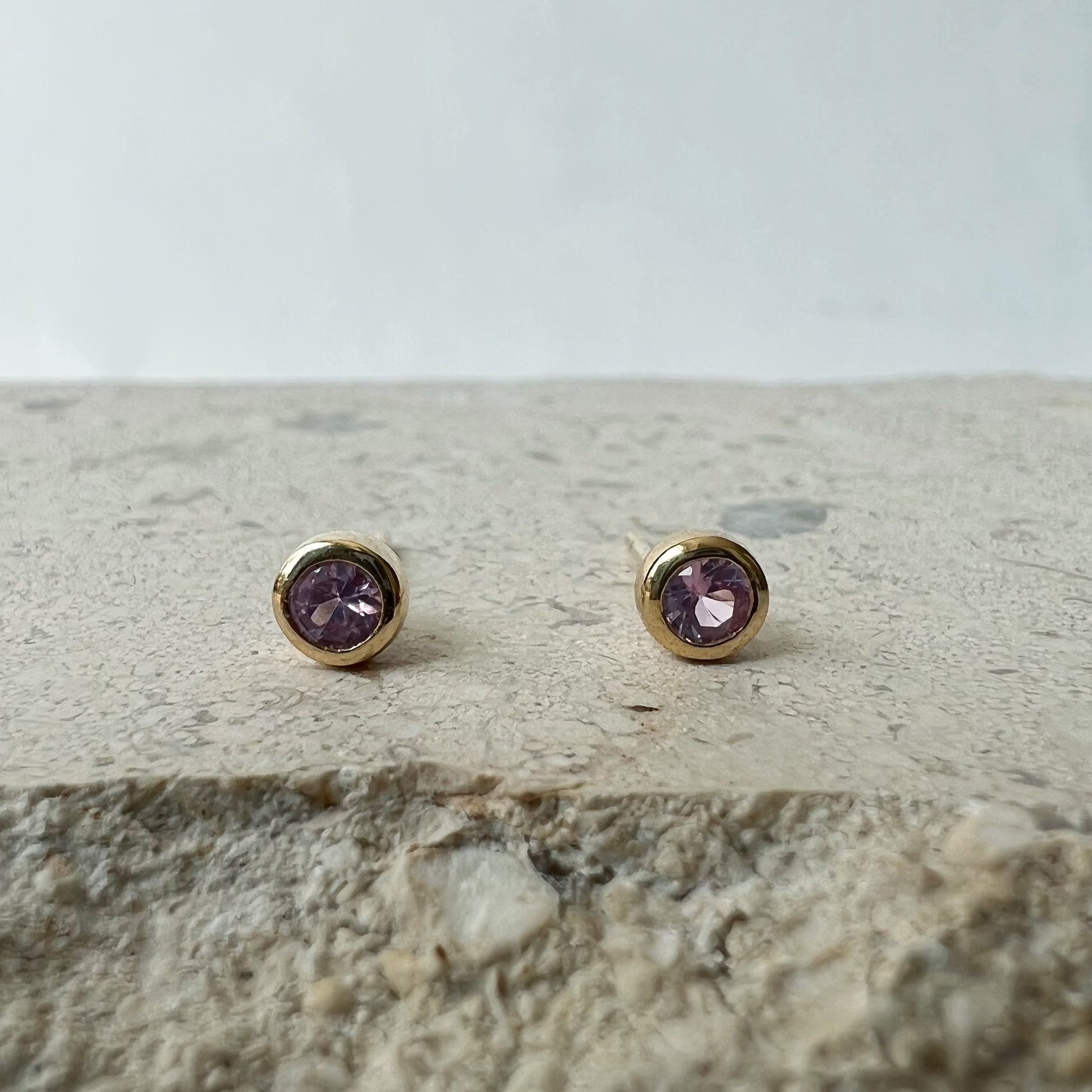 14K Solid Gold Genuine 4mm Pink Sapphire Bezel Studs and Pink Sapphire Bezel pendant