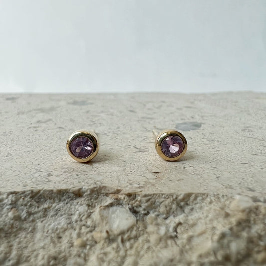 14K Solid Gold Genuine 4mm Pink Sapphire Bezel Studs and Pink Sapphire Bezel pendant