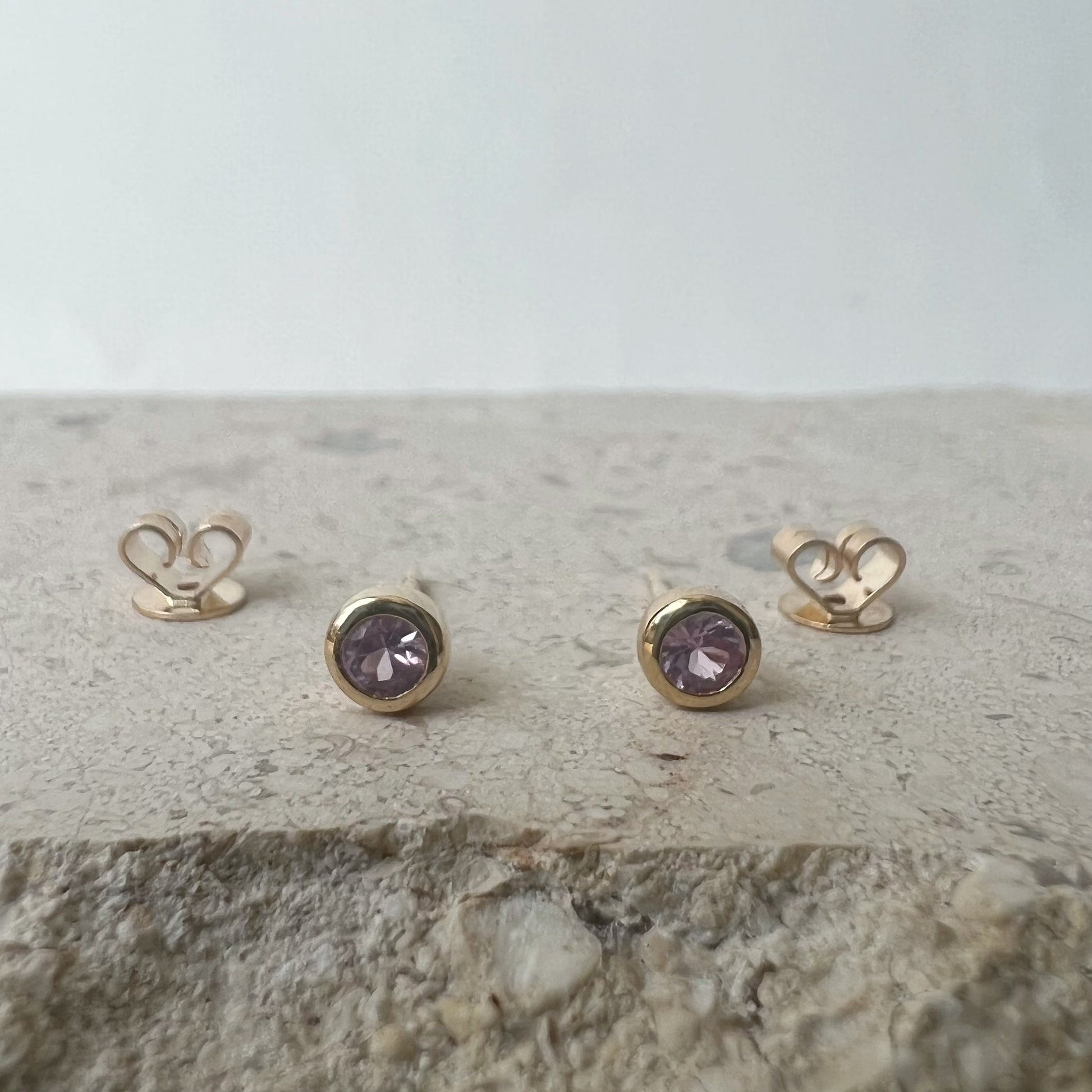 14K Solid Gold Genuine 4mm Pink Sapphire Bezel Studs/Pair