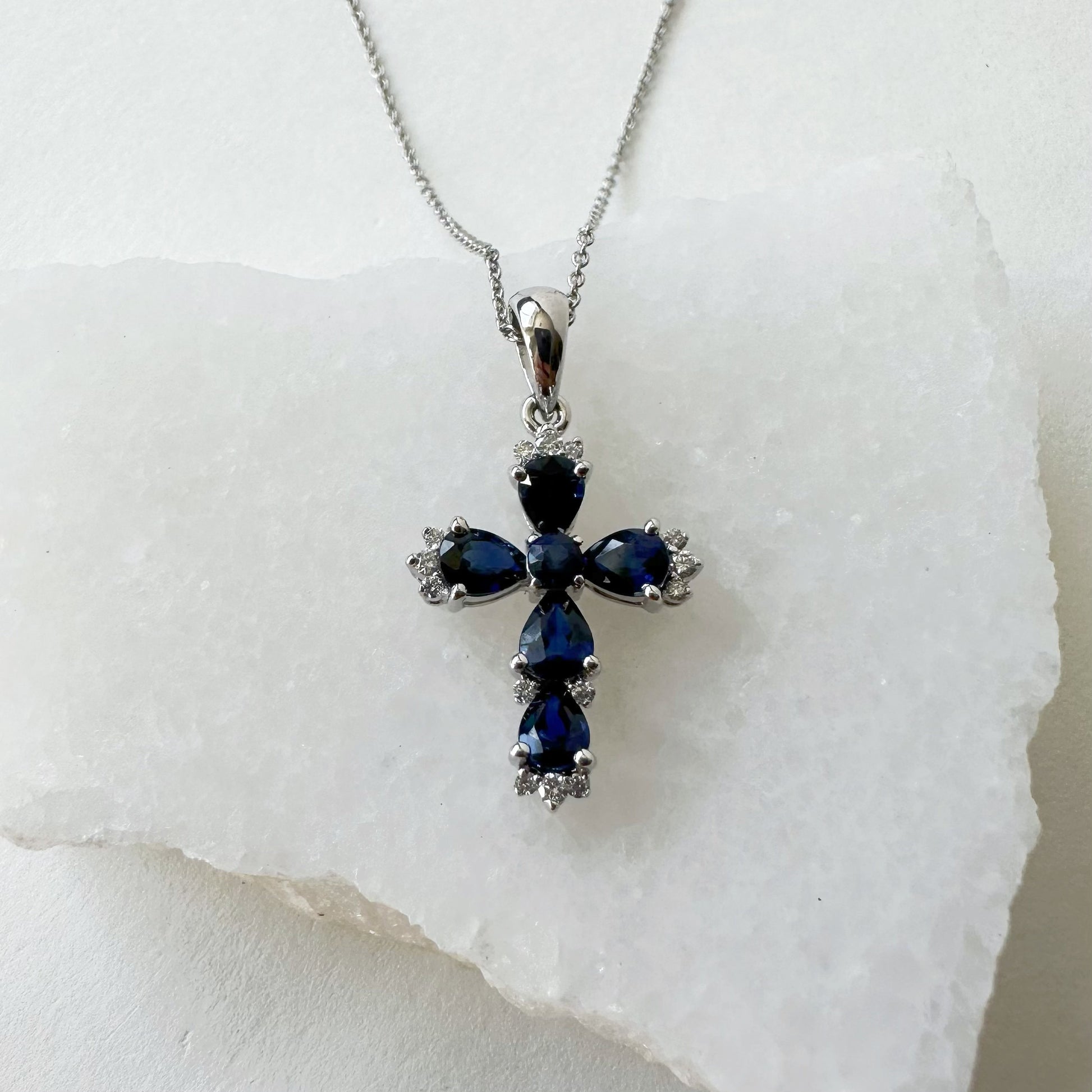 14K Solid Gold Genuine Sapphire and Diamond Cross Pendant