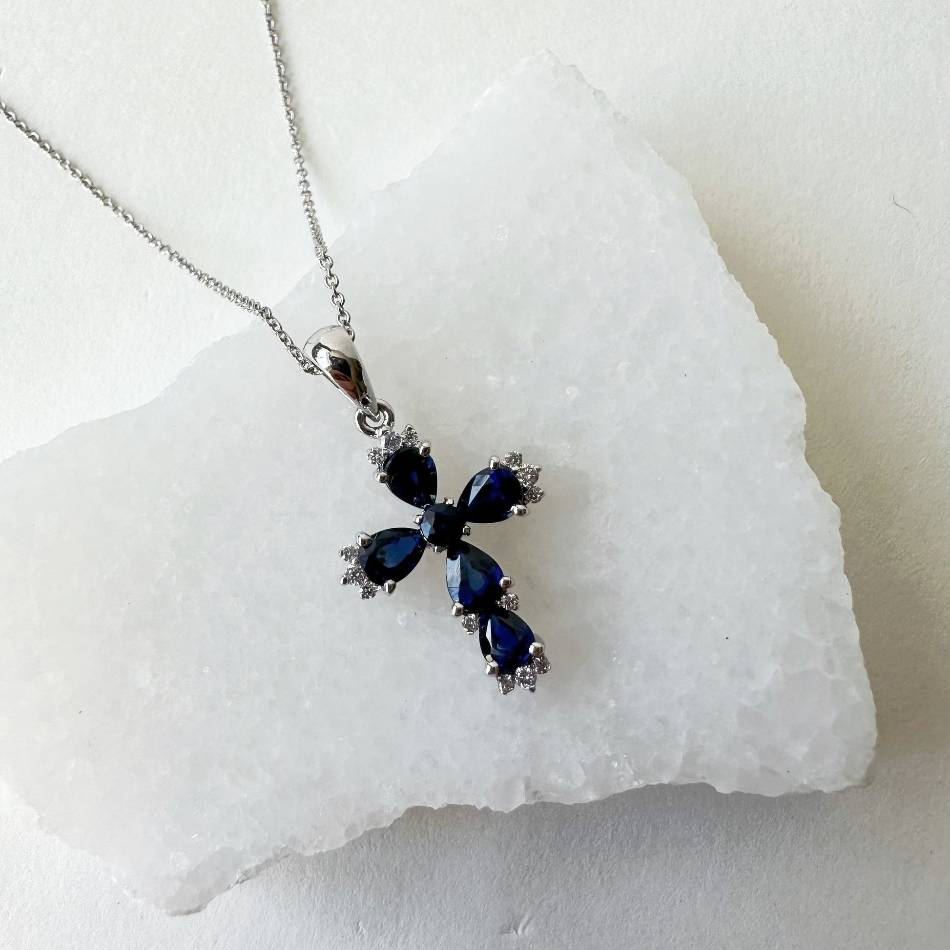 14K Solid Gold Genuine Sapphire and Diamond Cross Pendant