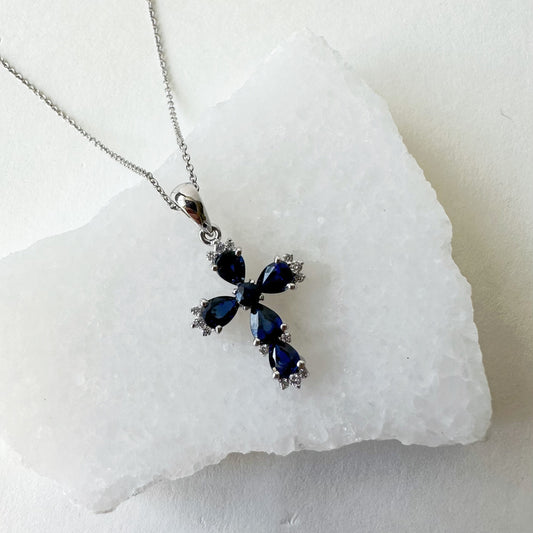 14K Solid Gold Genuine Sapphire and Diamond Cross Pendant