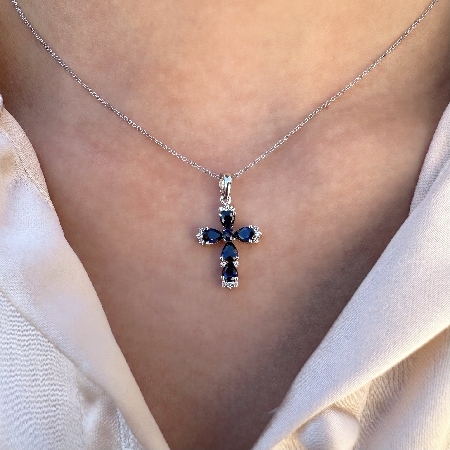 14K Solid Gold Genuine Sapphire and Diamond Cross Pendant