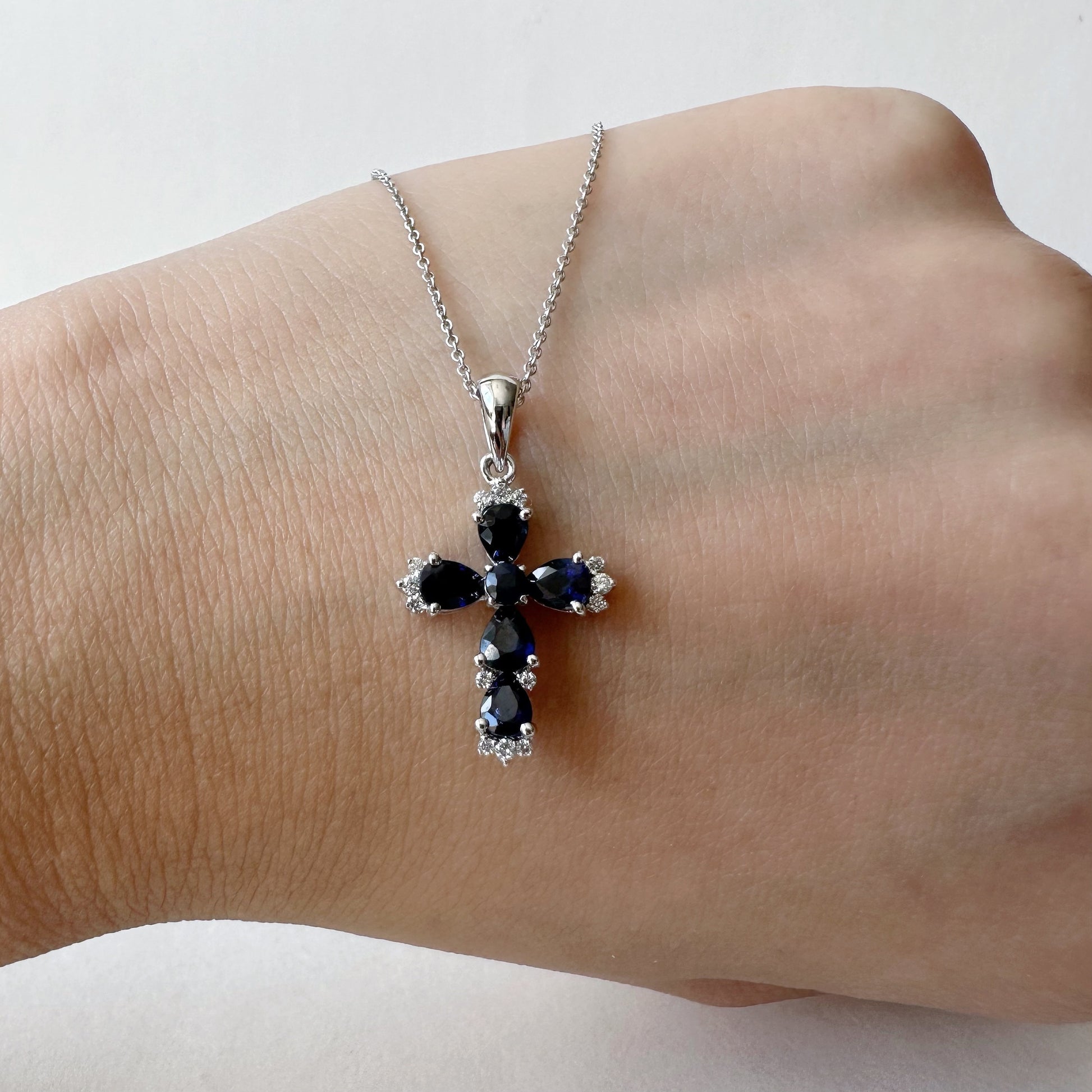 14K Solid Gold Genuine Sapphire and Diamond Cross Pendant