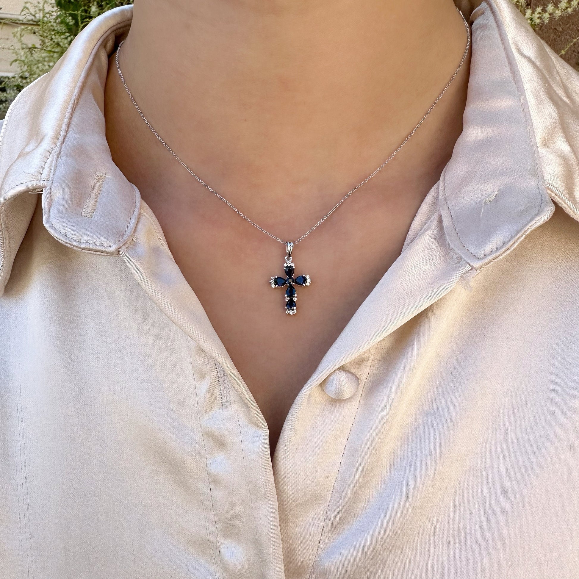 14K Solid Gold Genuine Sapphire and Diamond Cross Pendant