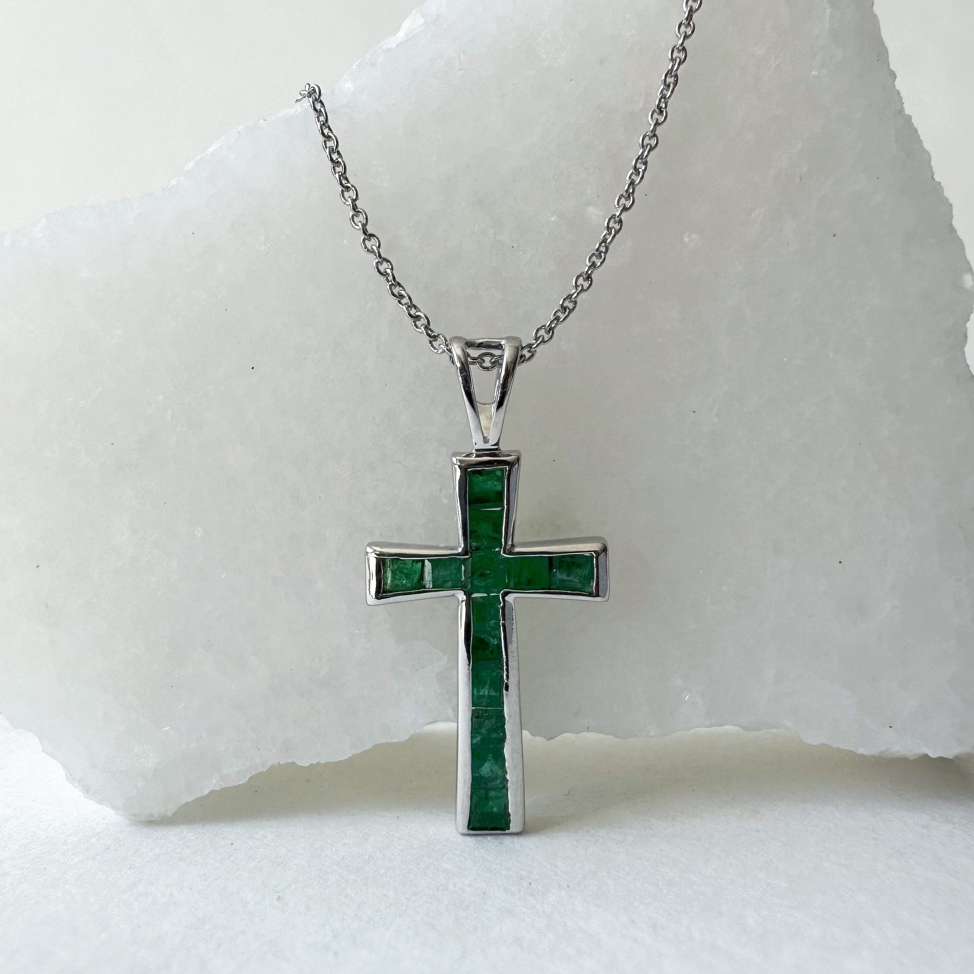 14K Solid Gold Genuine Emerald Cross Pendant