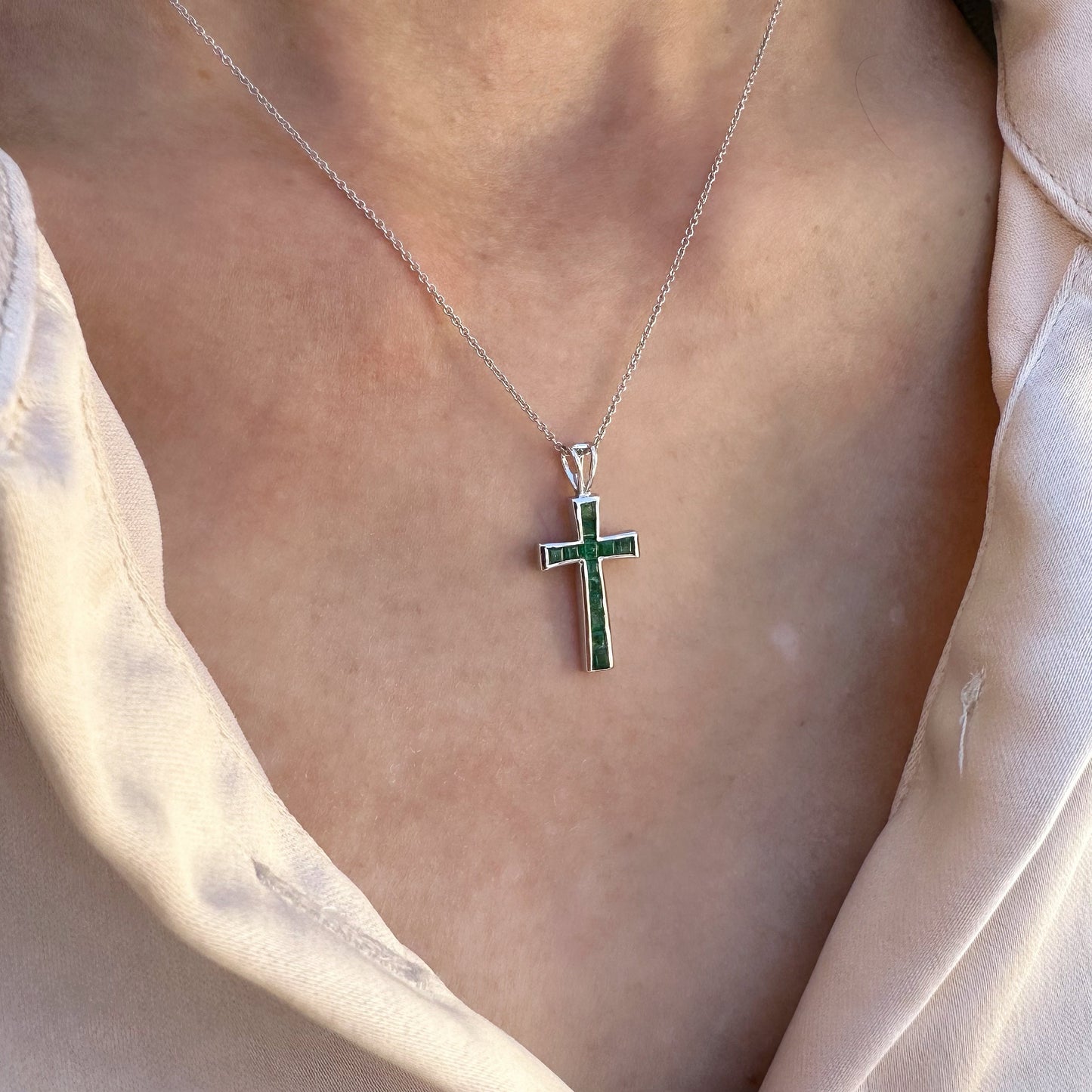 14K Solid Gold Genuine Emerald Cross Pendant