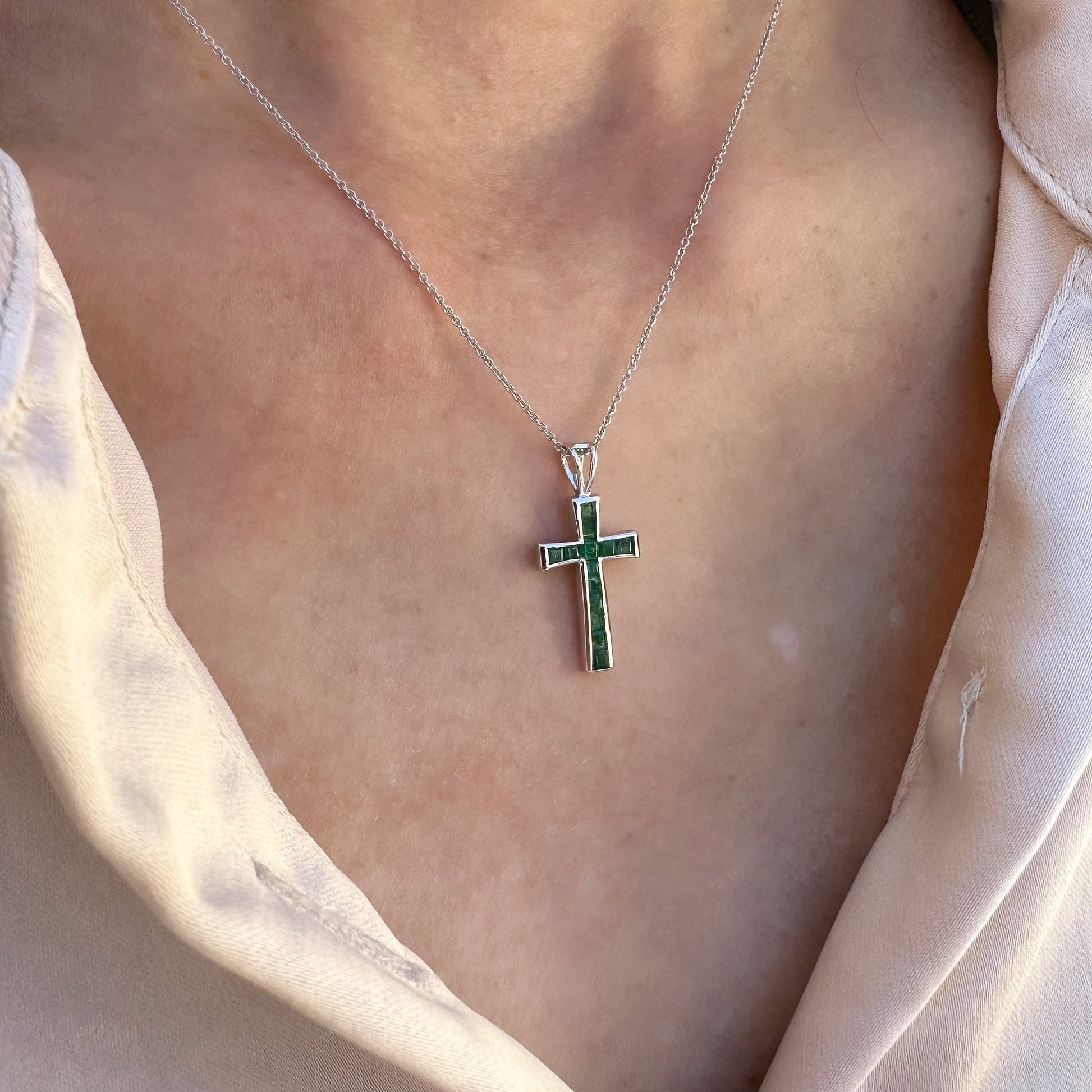 14K Solid Gold Genuine Emerald Cross Pendant
