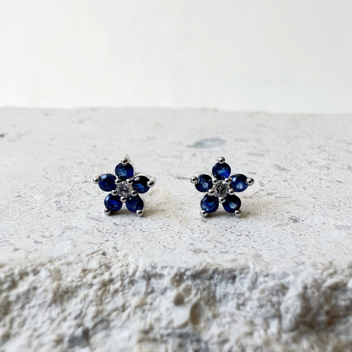 14K Solid Gold Genuine Sapphire and Diamond Flower Studs/Pair